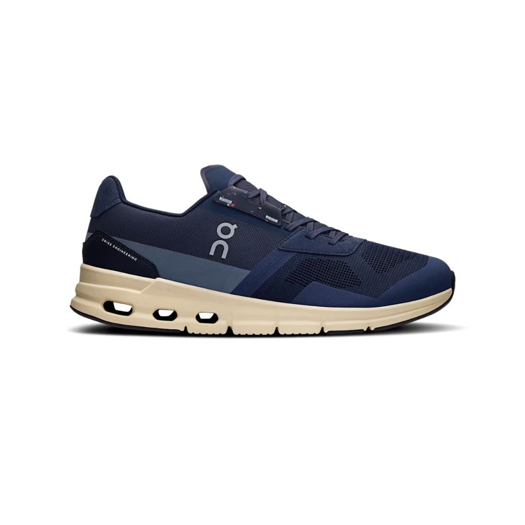 Side view on white background of Mens On Cloudrift running shoe in Ink/Glacier, Medium (Regular) width