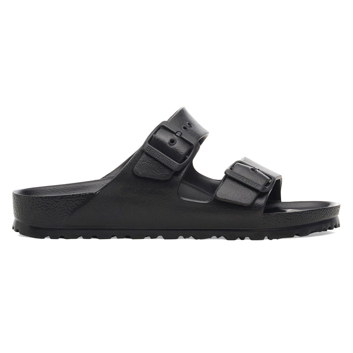 Side view on white background of Womens Birkenstock Arizona EVA running shoe in Silver, Narrow width