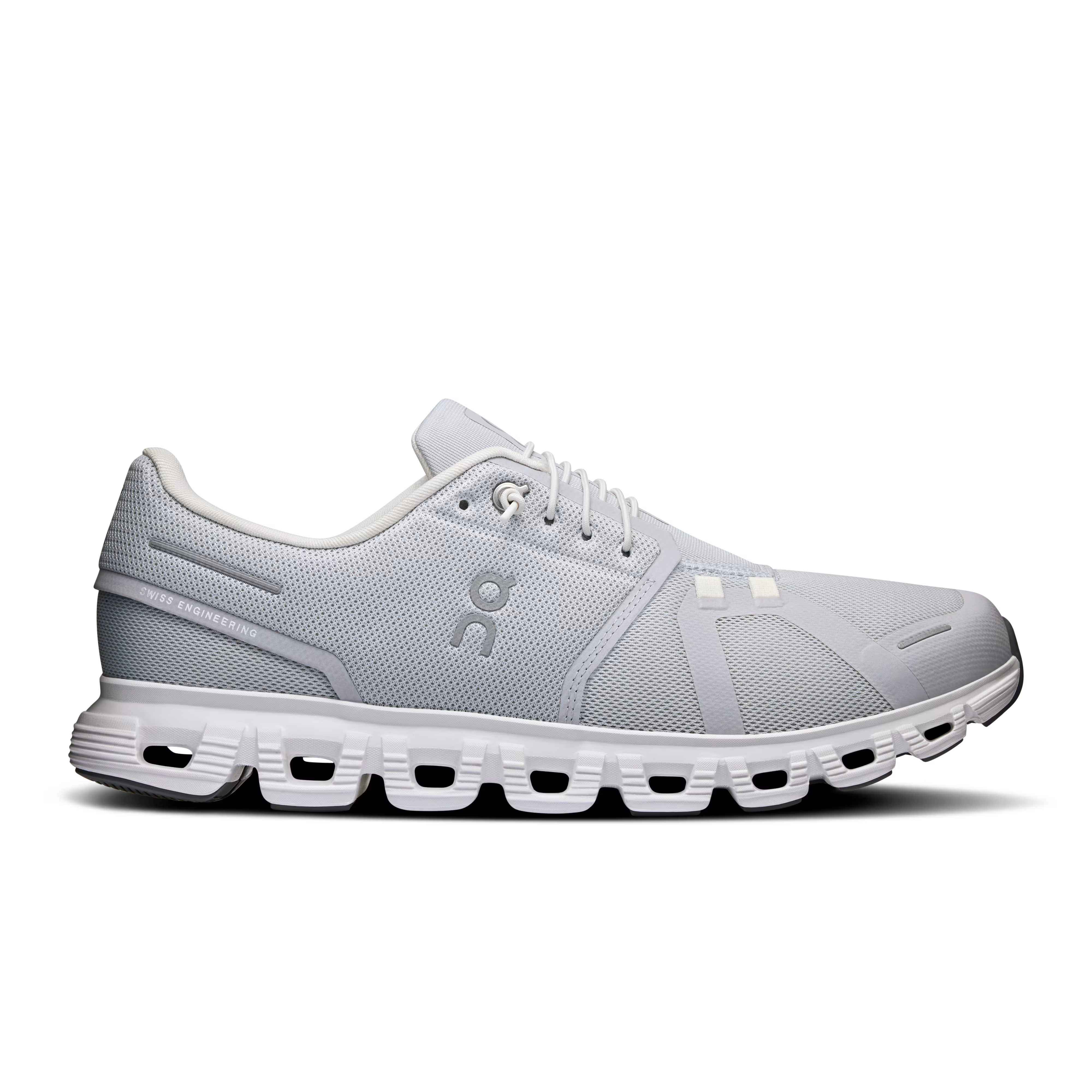 Side view on white background of Mens On Cloud 6 running shoe in Glacier/White, Medium (Regular) width
