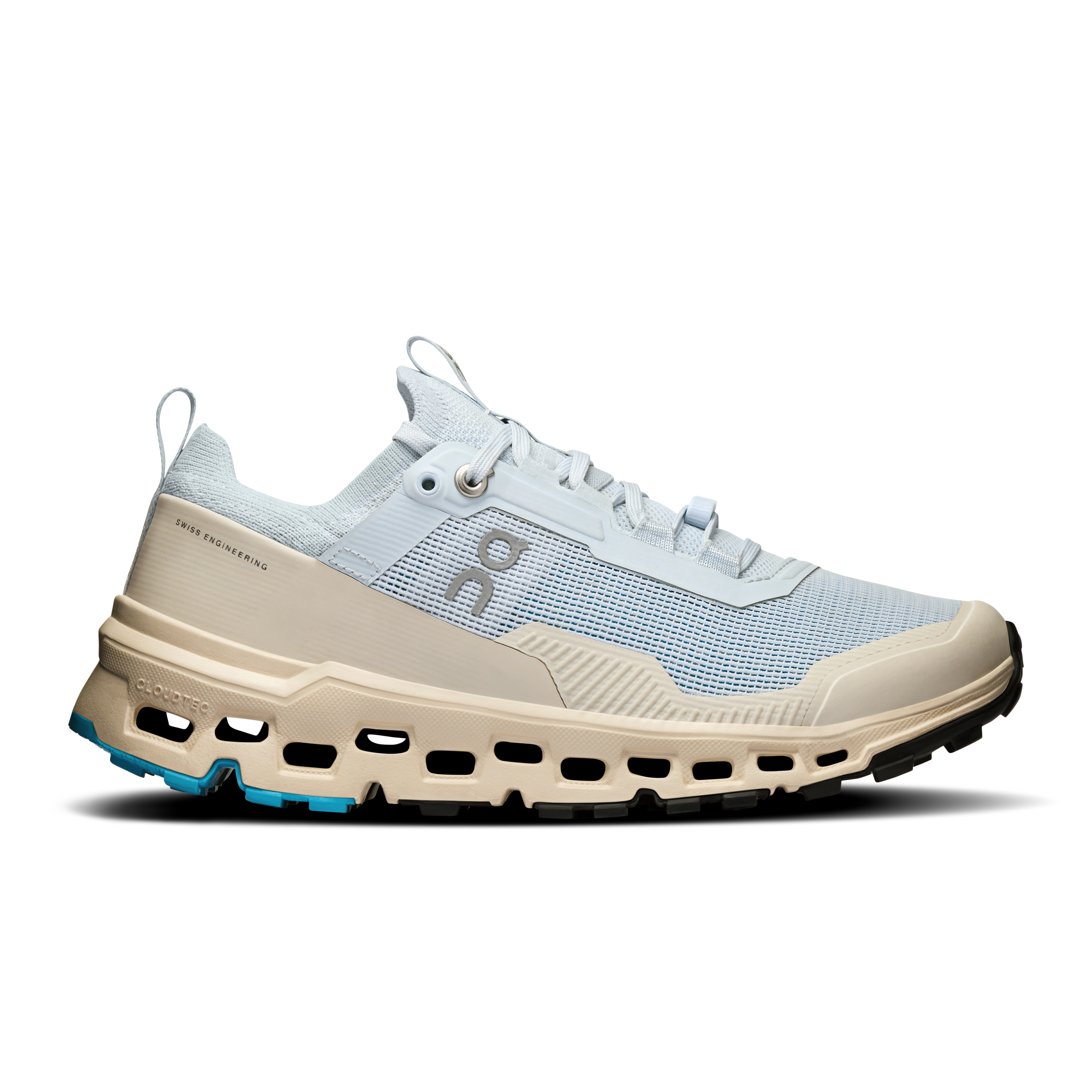 Side view on white background of Womens On Cloudultra 2 running shoe in Arctic/Cream, Medium (Regular) width