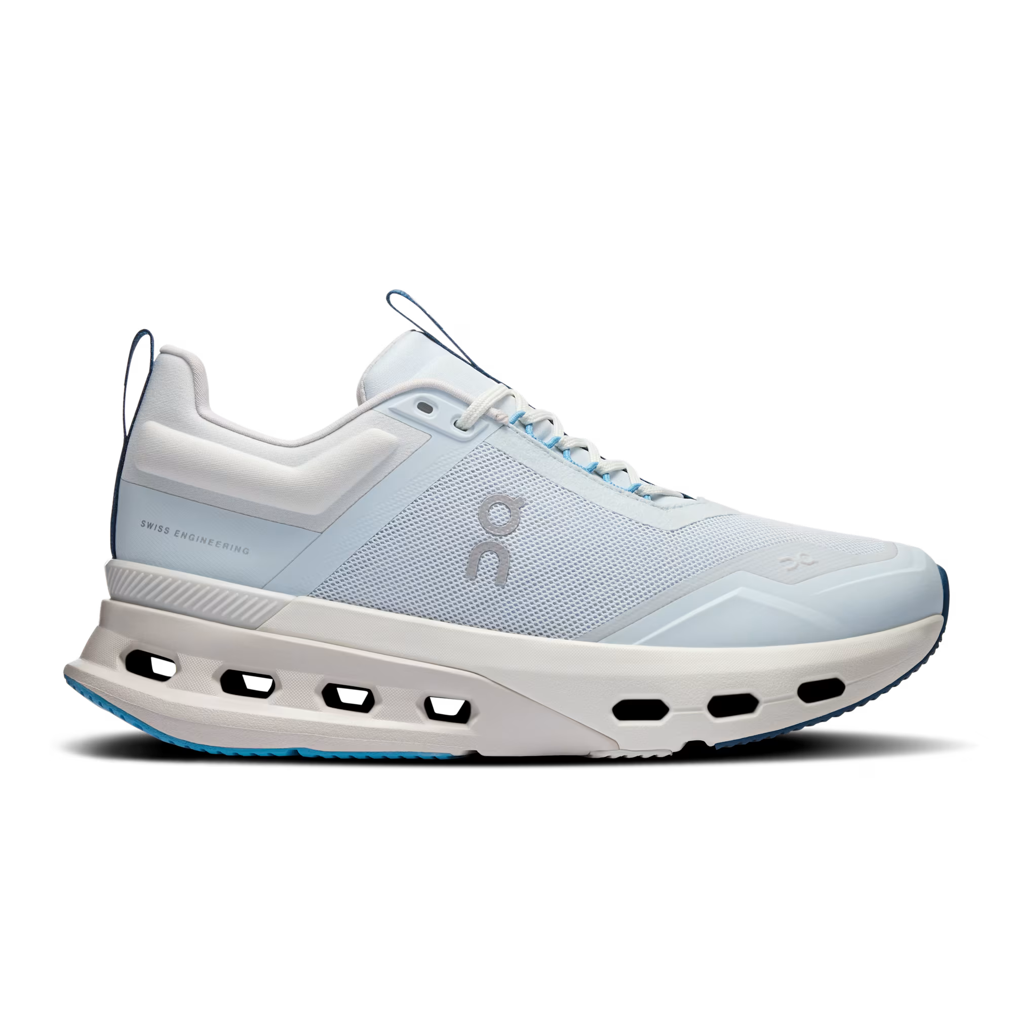 Side view on white background of Womens On Cloudnova X running shoe in Arctic/Niagara, Medium (Regular) width