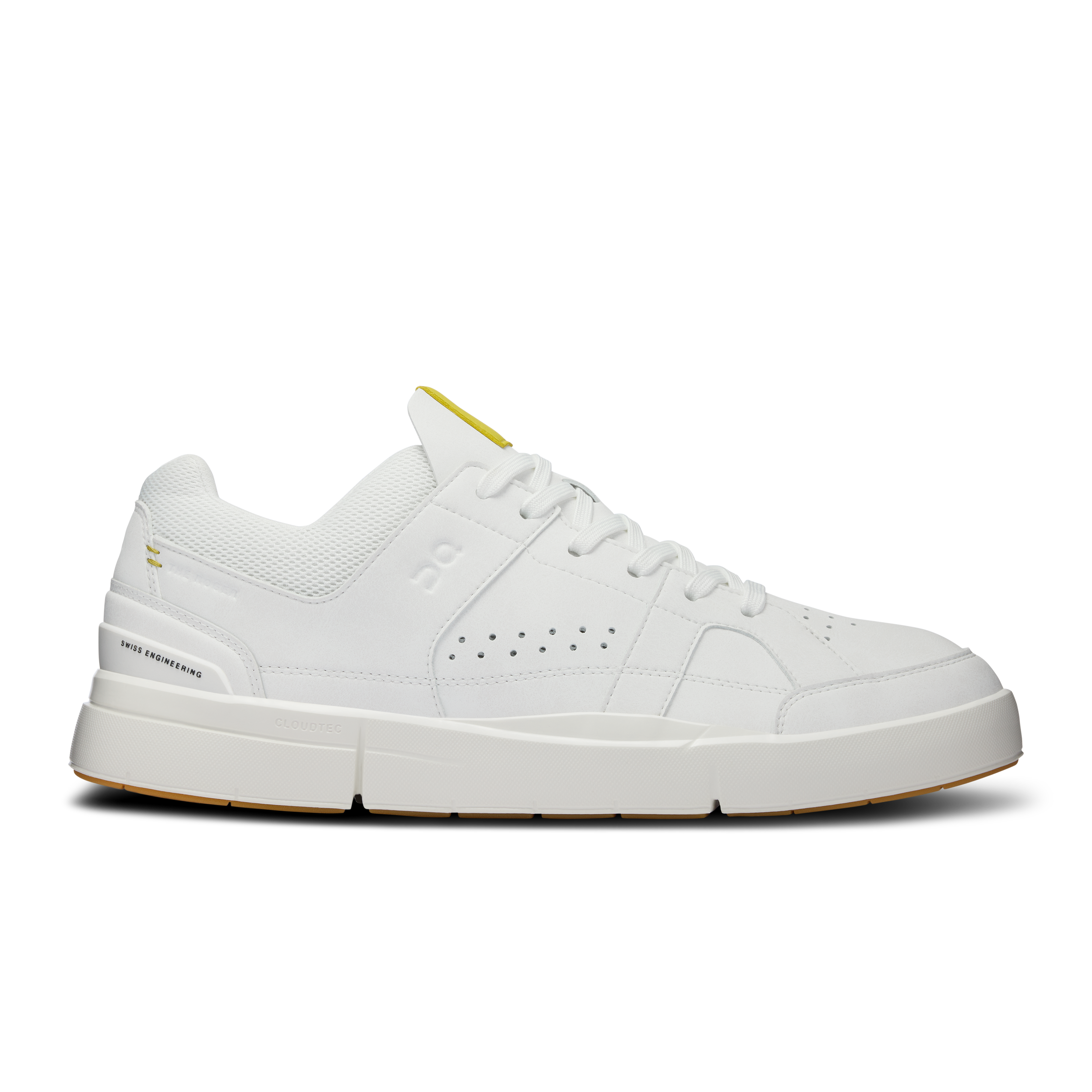 Side view on white background of Mens On The Roger Clubhouse 2 running shoe in White/Gecko, Medium (Regular) width