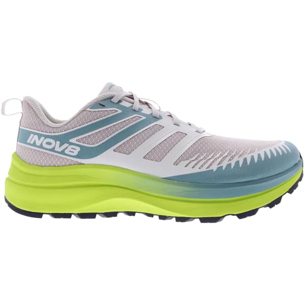 Side view on white background of Womens Inov8 TrailFly Max running shoe in Ivory/Storm Blue/Lime, Medium (Regular) width