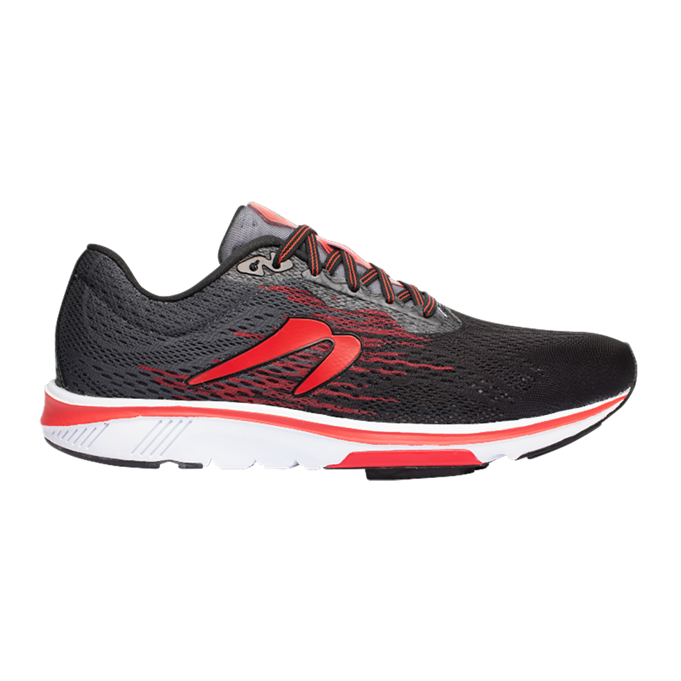 Side view on white background of Mens Newton Running Motion 10 B running shoe in Black/Red, Medium (Regular) width
