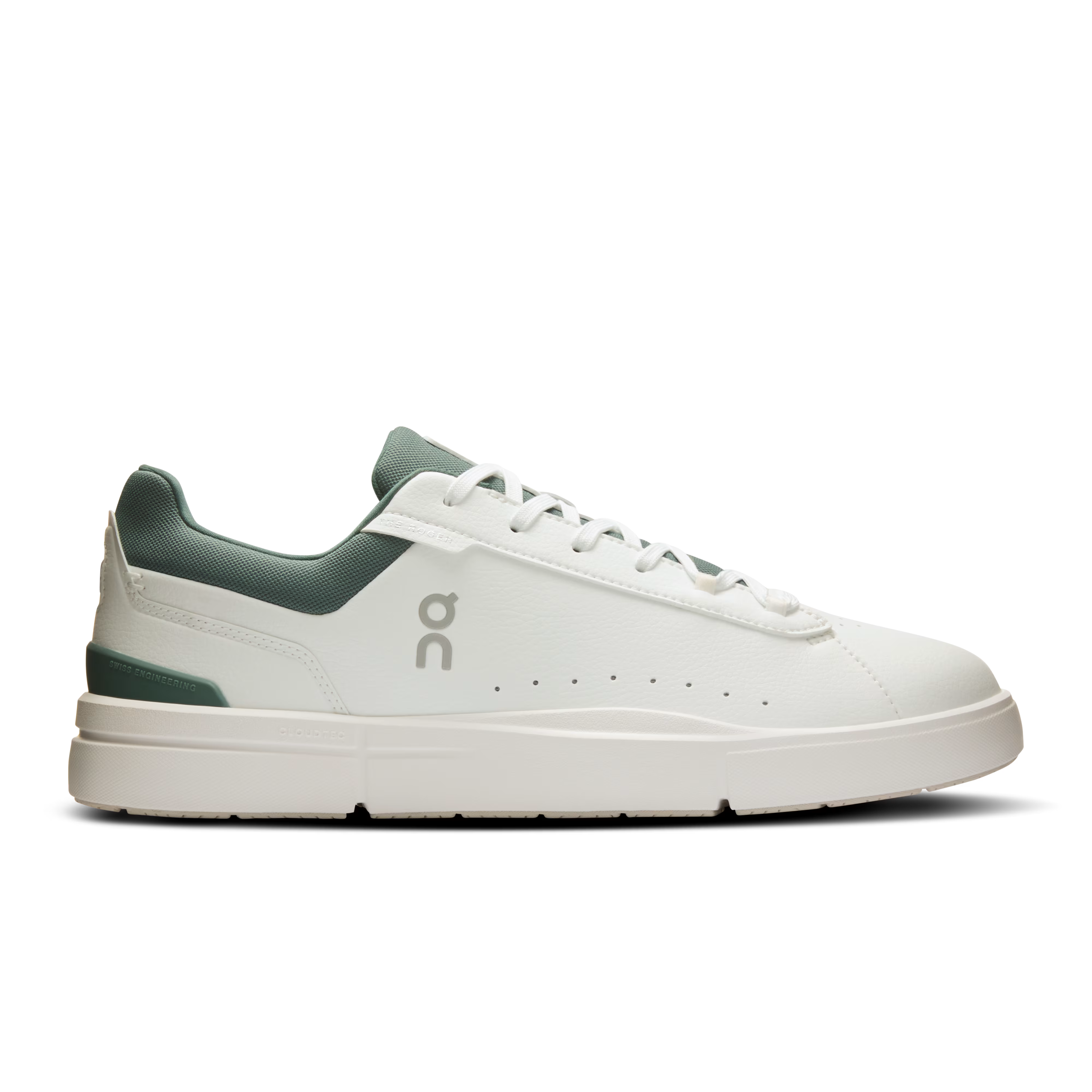 Side view on white background of Mens On The Roger Advantage 2 running shoe in White/Olive, Medium (Regular) width