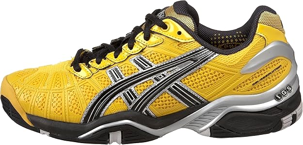 Side view on white background of Mens Asics Gel-Resolution 3 running shoe in Blazing Yellow/Black/Silver, Medium (Regular) width