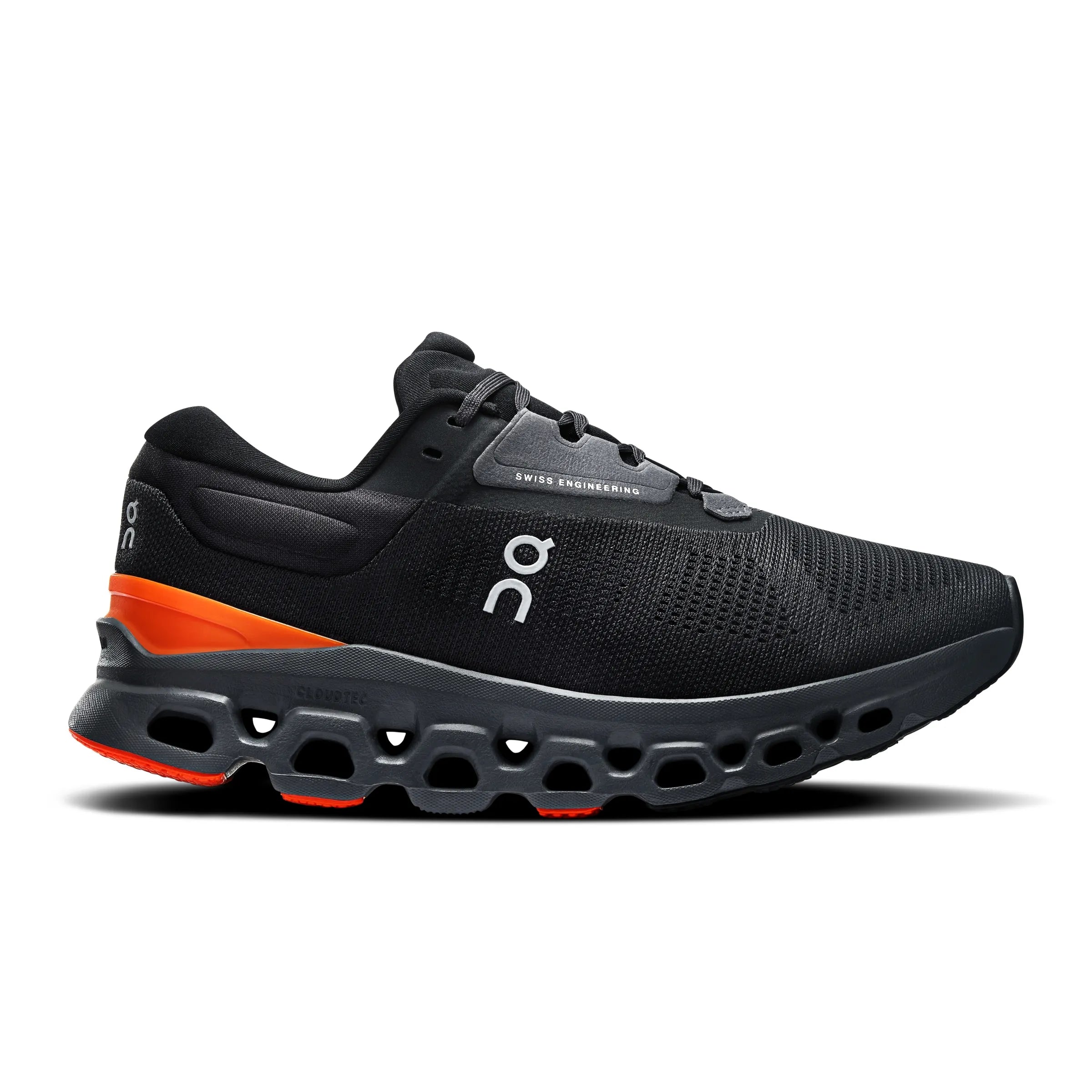Side view on white background of Womens On Cloudstratus 3 running shoe in Eclipse/Flame, Medium (Regular) width