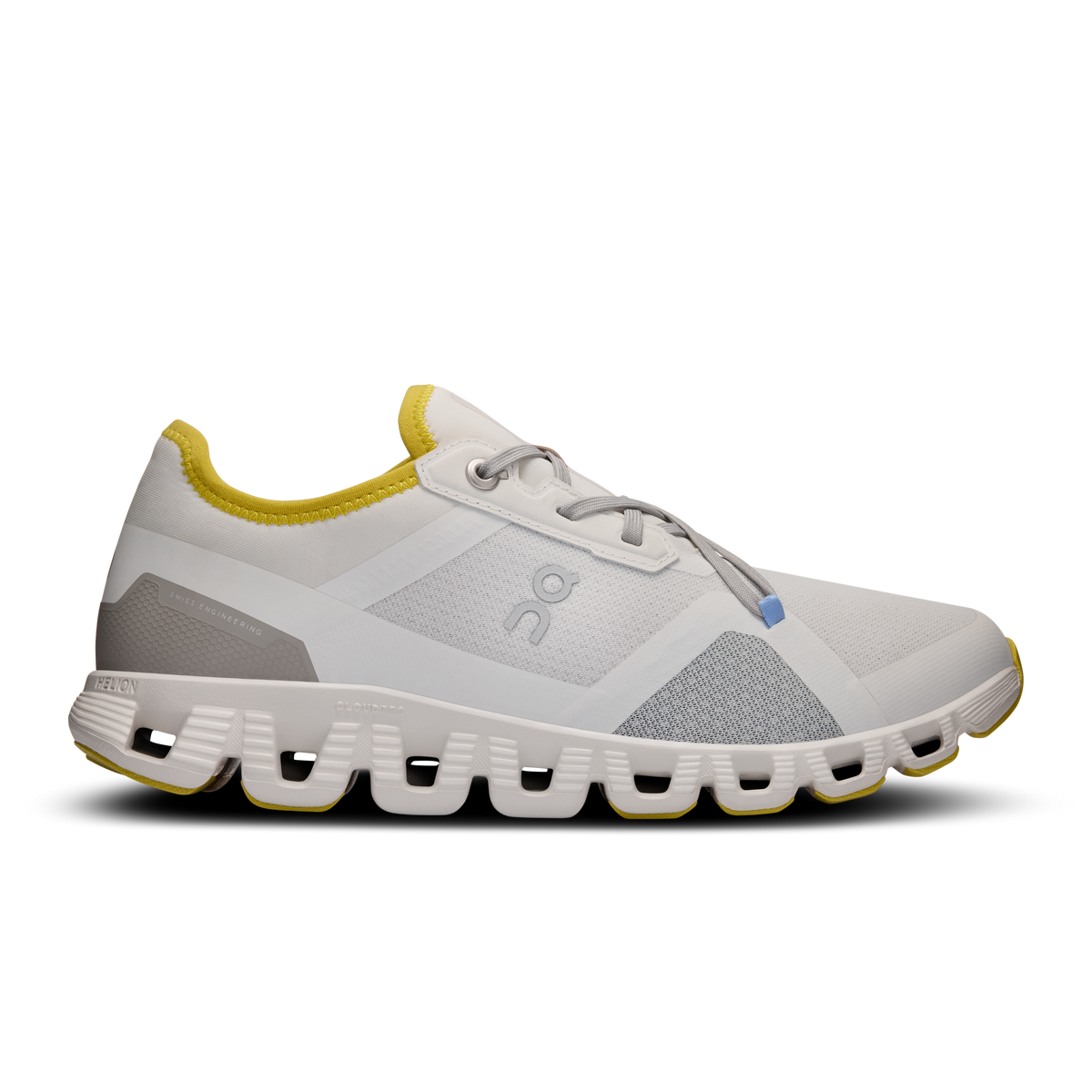 Side view on white background of Womens On Cloud X 3 AD running shoe in Ice/Ultramarine, Medium (Regular) width