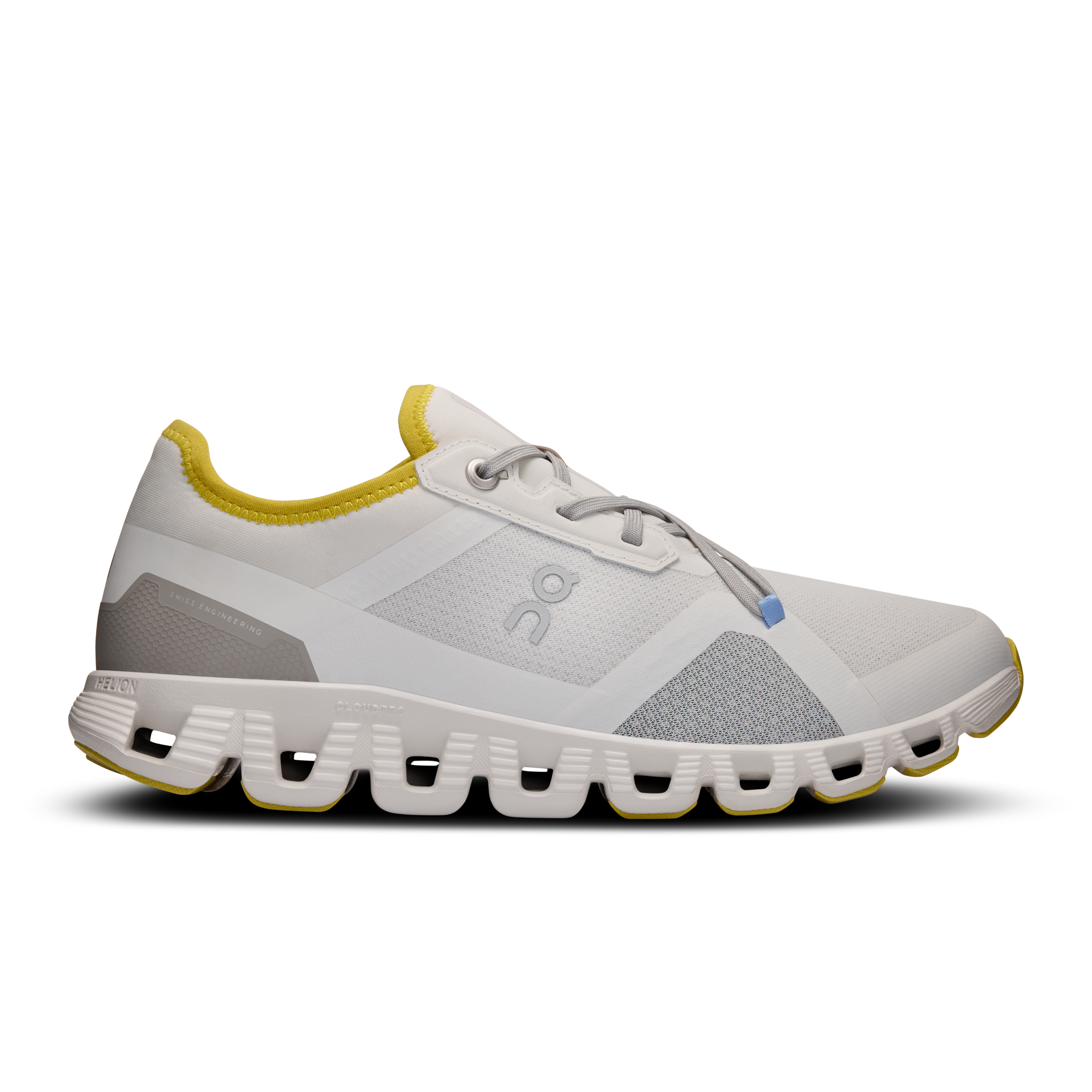 Side view on white background of Womens On Cloud X 3 AD running shoe in Ice/Ultramarine, Medium (Regular) width
