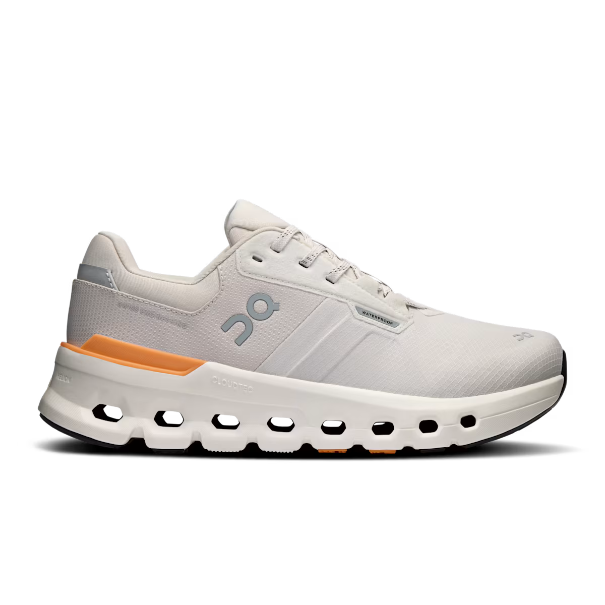 Side view on white background of Womens On Cloudrunner 2 Waterproof running shoe in Wolf/Tangerine, Medium (Regular) width