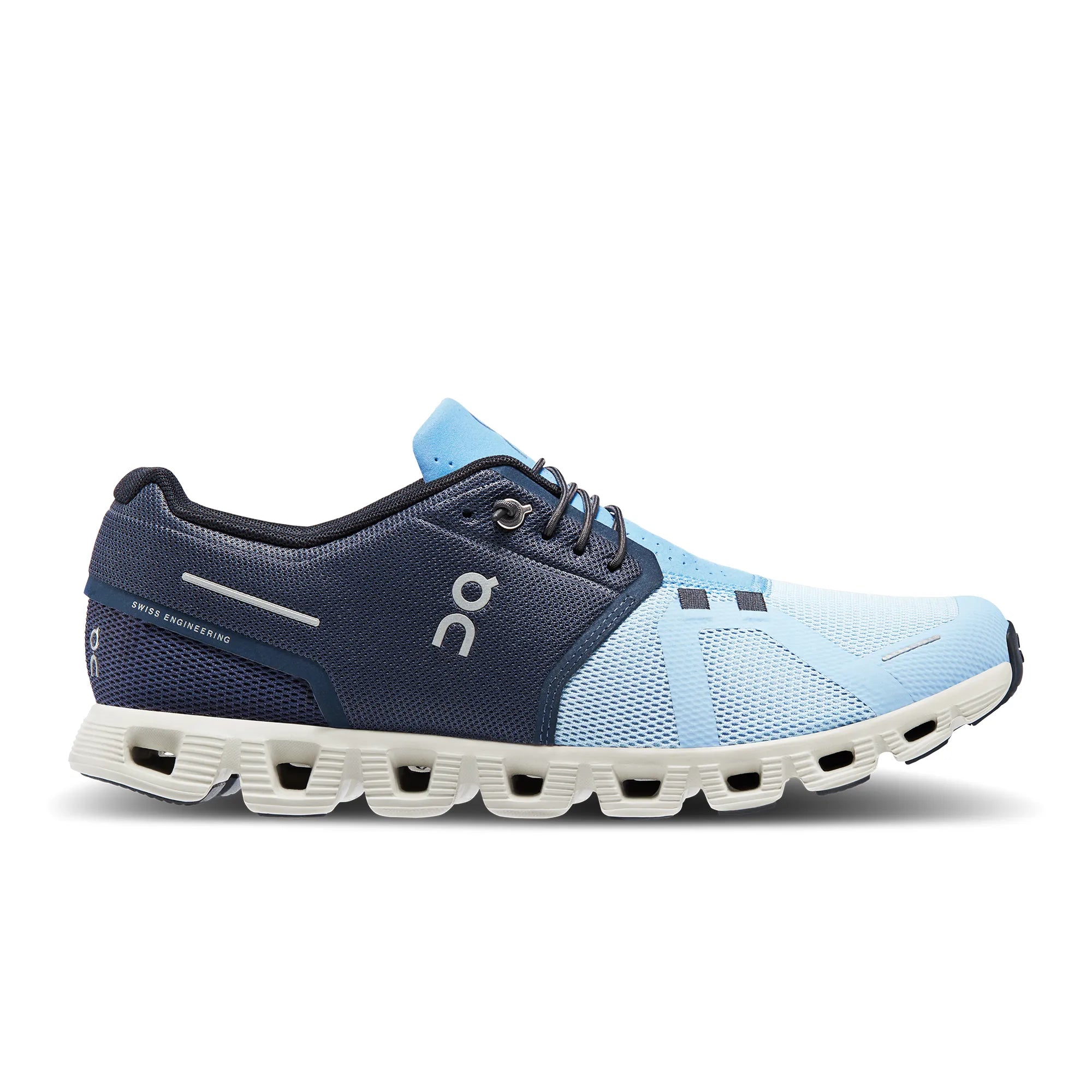 Side view on white background of Mens On Cloud 5 running shoe in Midnight/Chambray, Medium (Regular) width