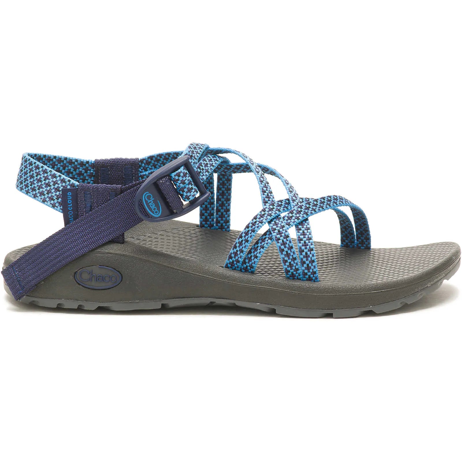 Side view on white background of Womens Chaco ZX/1 Cloud running shoe in Puzzle Azure Blue, Medium (Regular) width
