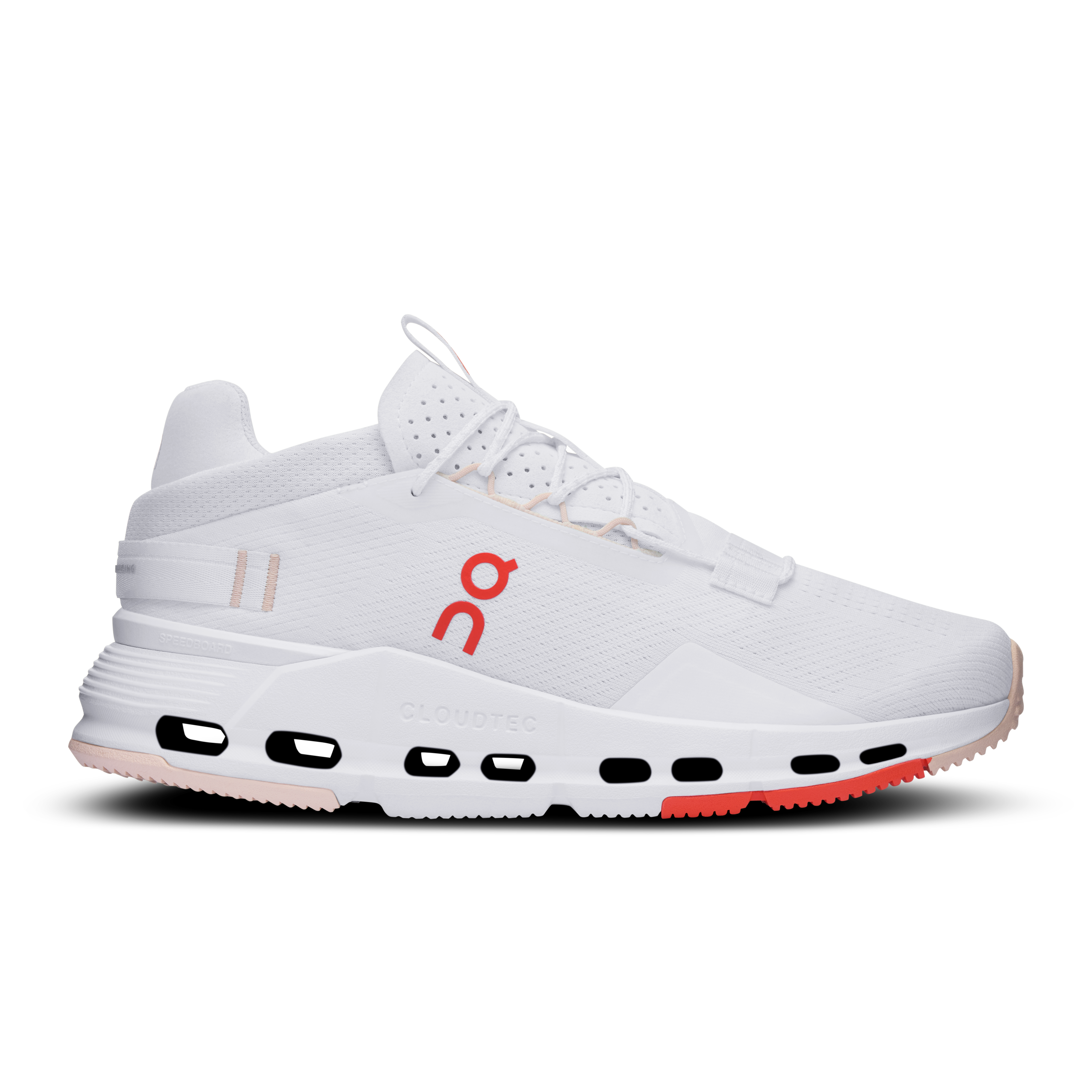 Side view on white background of Womens On Cloudnova 2 running shoe in White/Flame, Medium (Regular) width