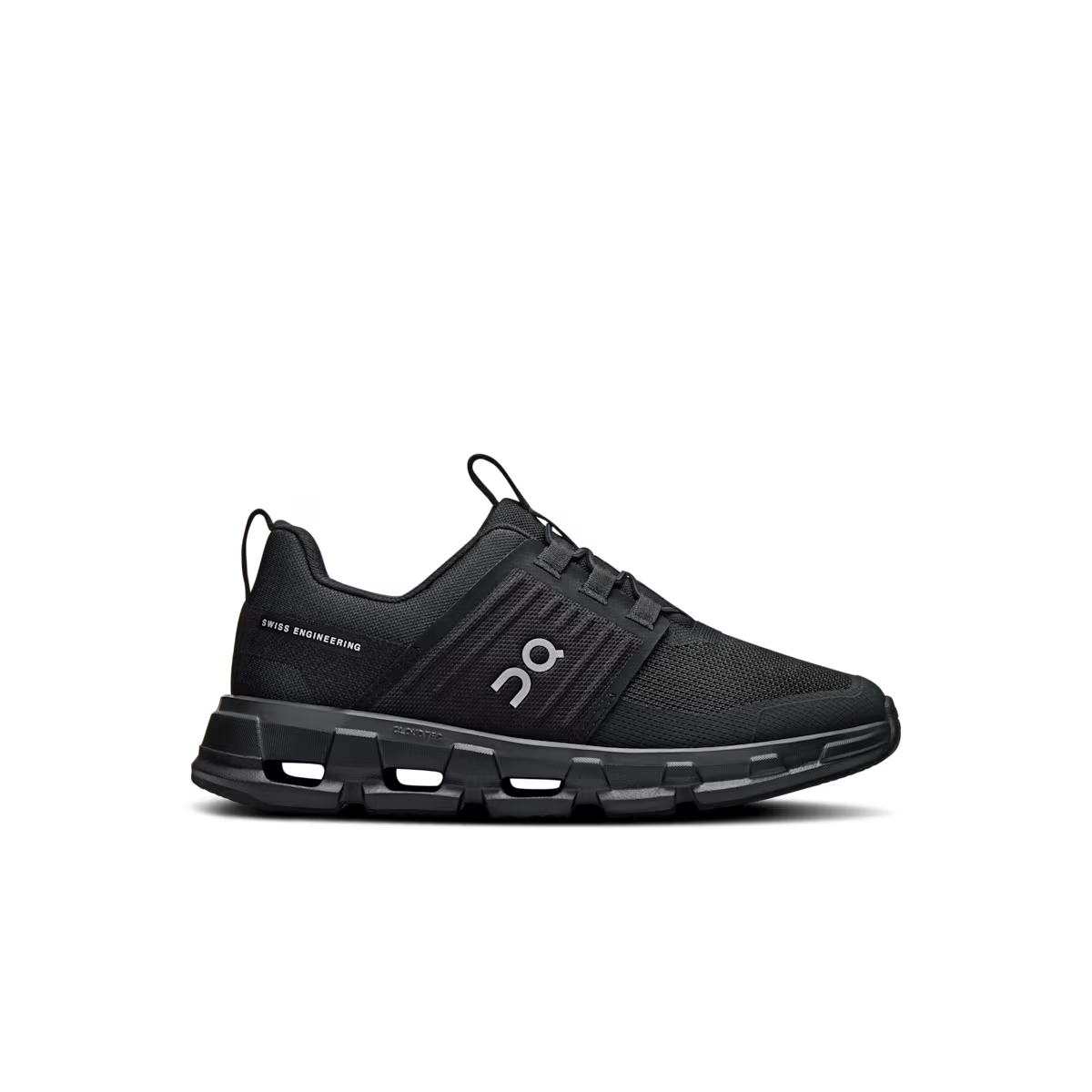 Side view on white background of Kids On shoe in All Black, Medium (Regular) width