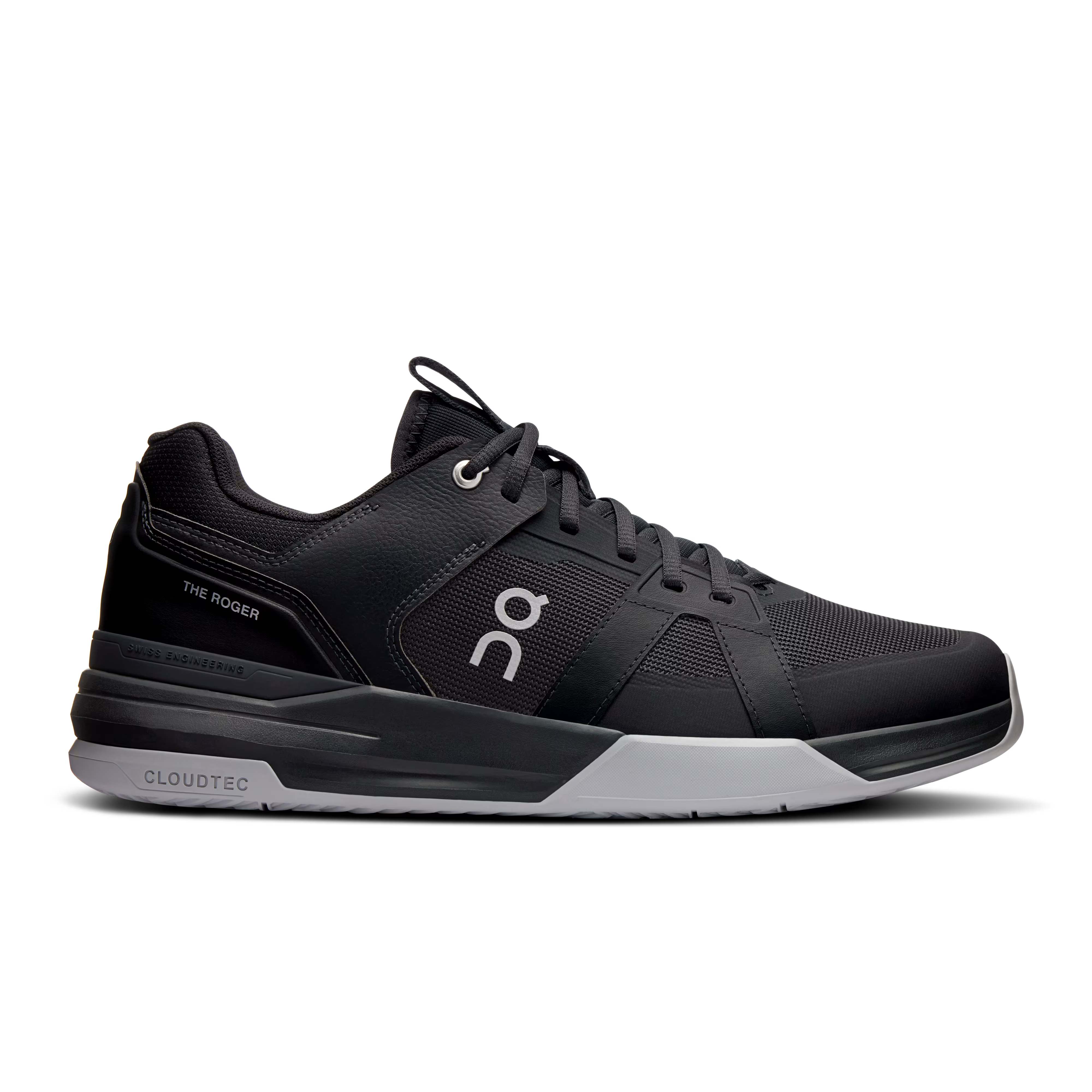 Side view on white background of Mens On The Roger Clubhouse Pro running shoe in Black/Glacier, Medium (Regular) width
