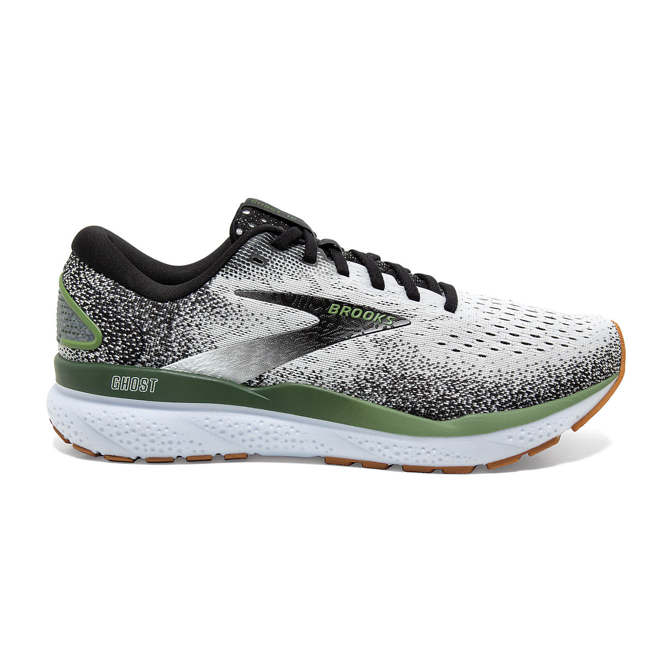 Men's Brooks Ghost 16, White/Black/Green, 9.5 D Medium