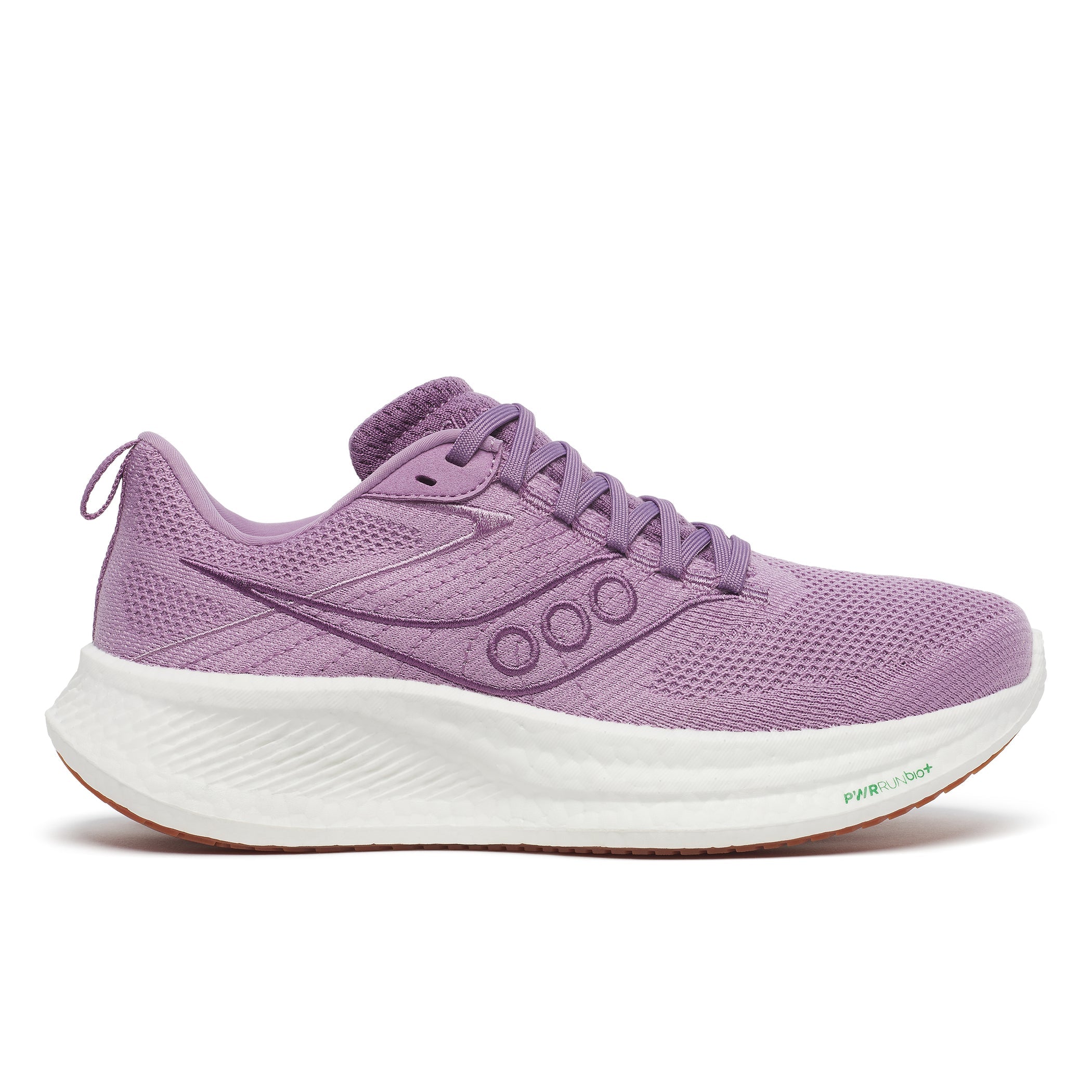 Side view on white background of Womens Saucony Ride RFG running shoe in Viola, Medium (Regular) width
