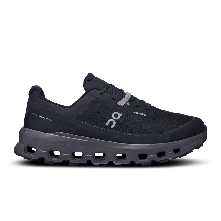 Side view on white background of Womens On Cloudvista 2 Waterproof running shoe in Black/Eclipse, Medium (Regular) width