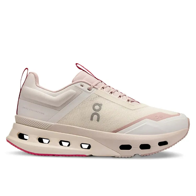 Side view on white background of Womens On Cloudnova X running shoe in Ice/Fade, Medium (Regular) width
