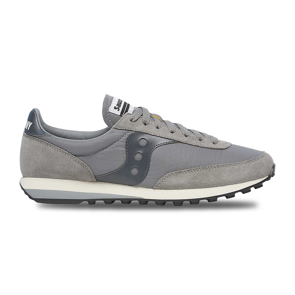 Side view on white background of Mens Saucony Trainer 80 running shoe in Grey/Grey, Medium (Regular) width