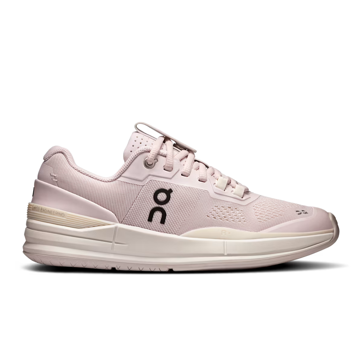 Side view on white background of Womens On The Roger Pro running shoe in Orchid/Ice, Medium (Regular) width