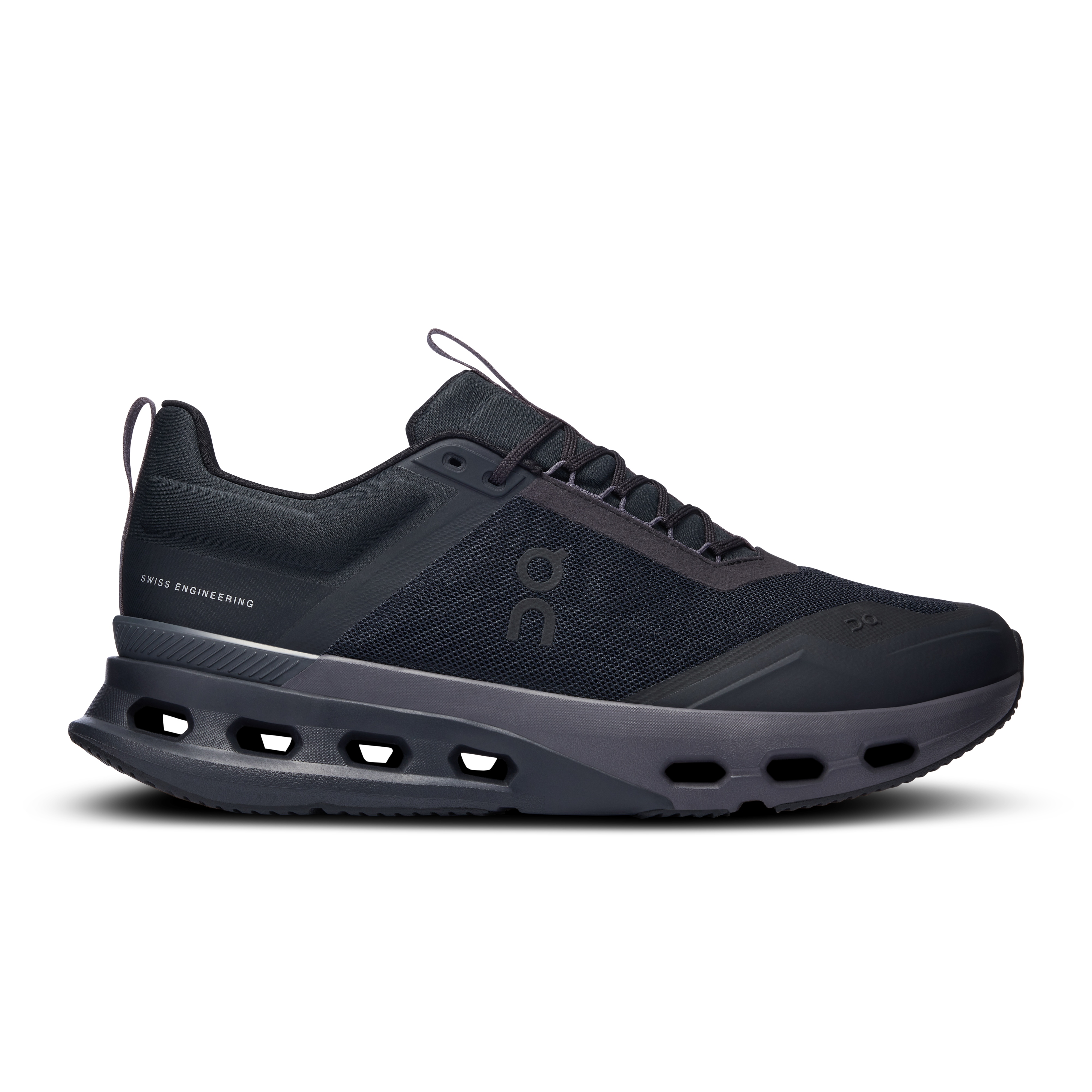 Side view on white background of Mens On Cloudnova X running shoe in Black/Eclipse, Medium (Regular) width