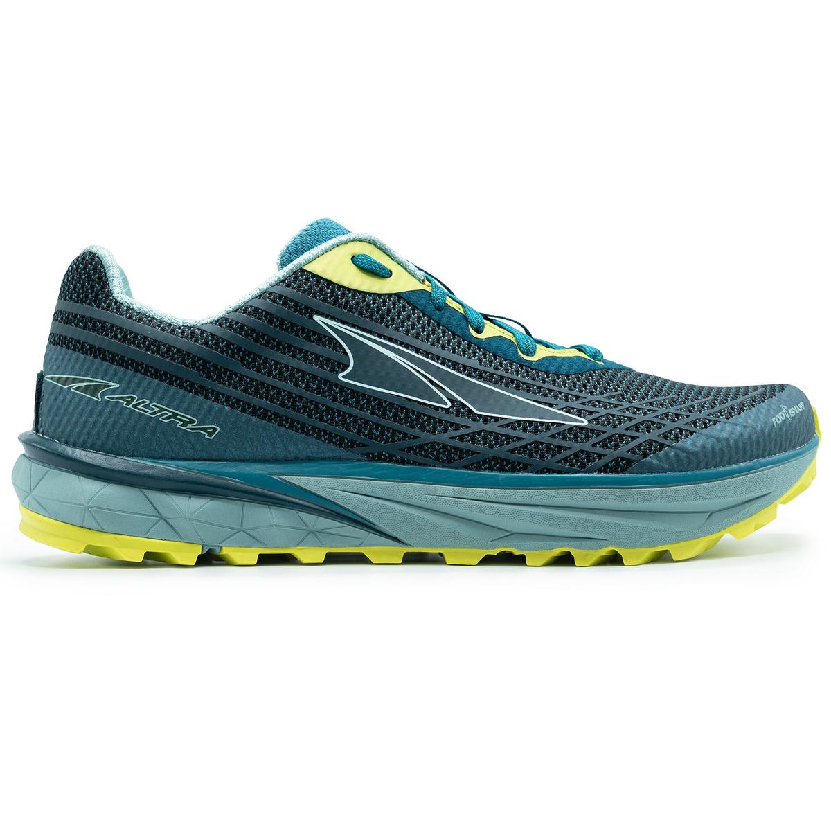 Side view on white background of Womens Altra Timp 2 running shoe in Teal/Lime, Medium (Regular) width
