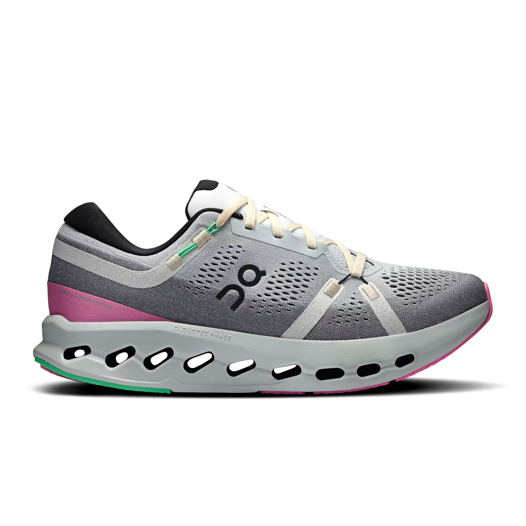 Side view on white background of Mens On Cloudsurfer 2 running shoe in White/Mineral, Medium (Regular) width