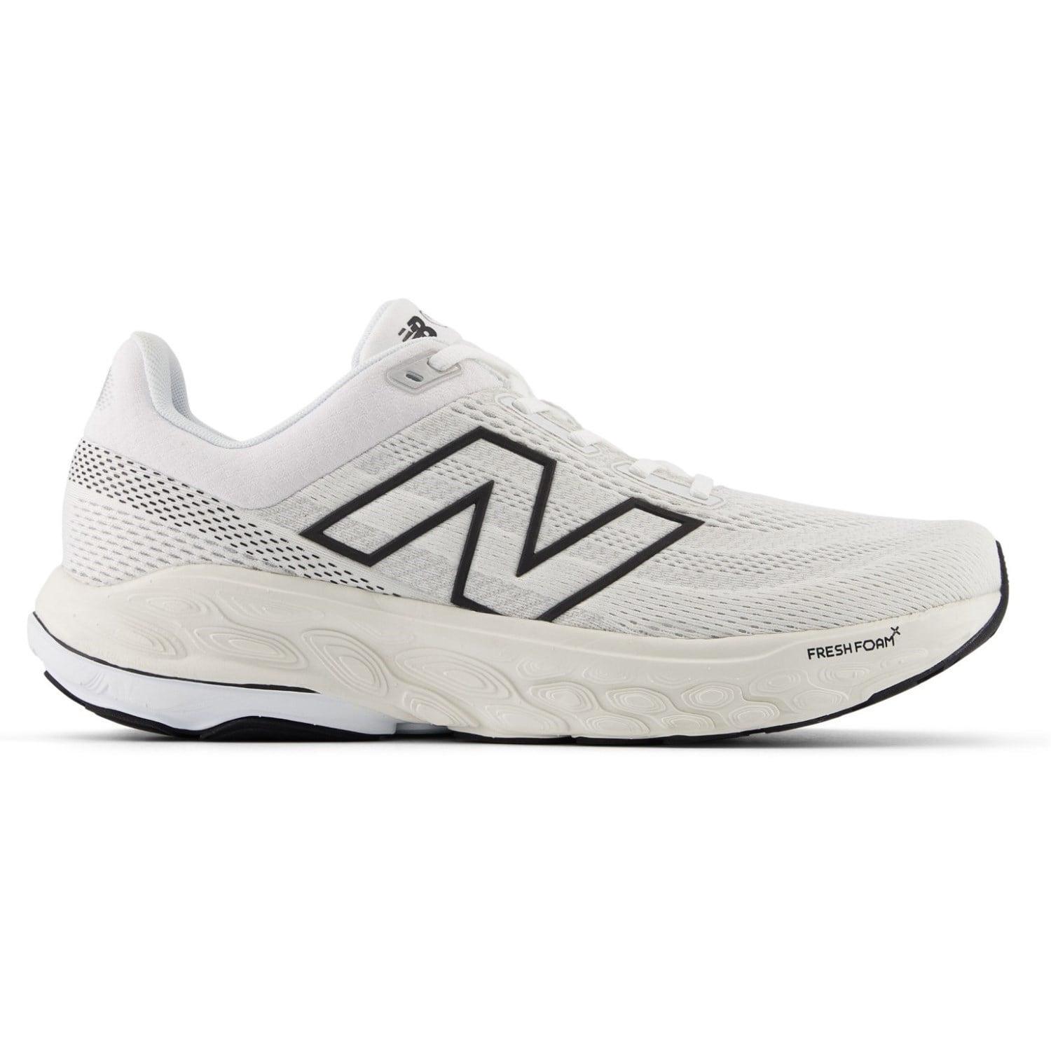 Side view on white background of Mens New Balance Fresh Foam X 860v14 running shoe in White/Black/Sea Salt, Extra Wide width