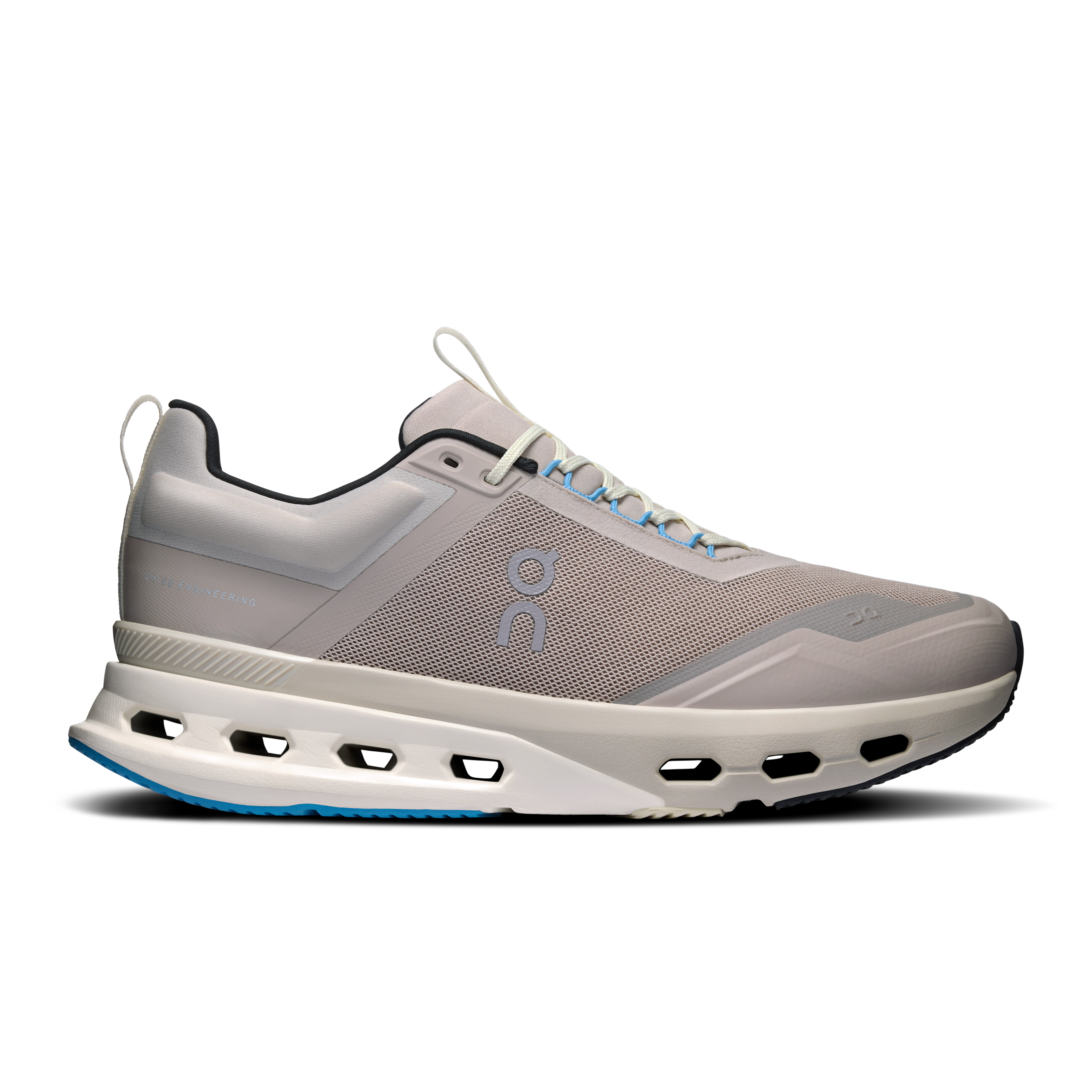Side view on white background of Mens On Cloudnova X running shoe in Desert/Niagara, Medium (Regular) width