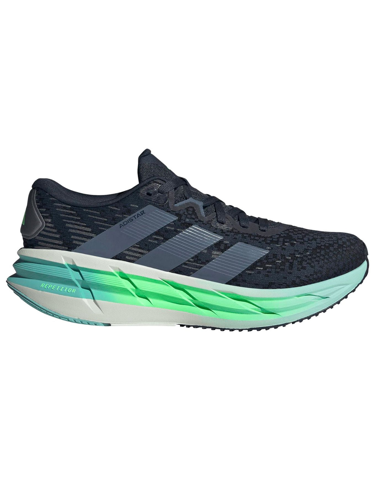 Side view on white background of Mens Adidas Adistar 4 running shoe in Aurora Ink/Pre Loved Ink/Lime Burst, Medium (Regular) width