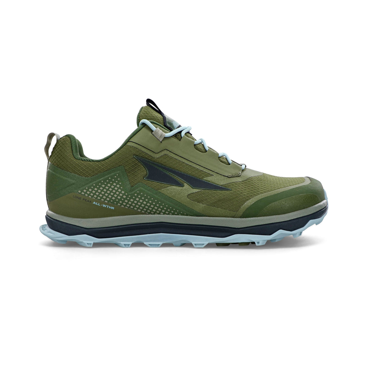 Side view on white background of Mens Altra Lone Peak All-WTHR Low running shoe in Dusty Olive, Medium (Regular) width