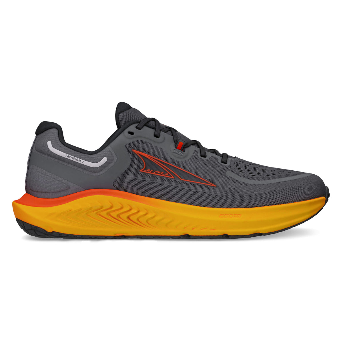 Side view on white background of Mens Altra Superior 7 running shoe in Gray/Orange, Medium (Regular) width