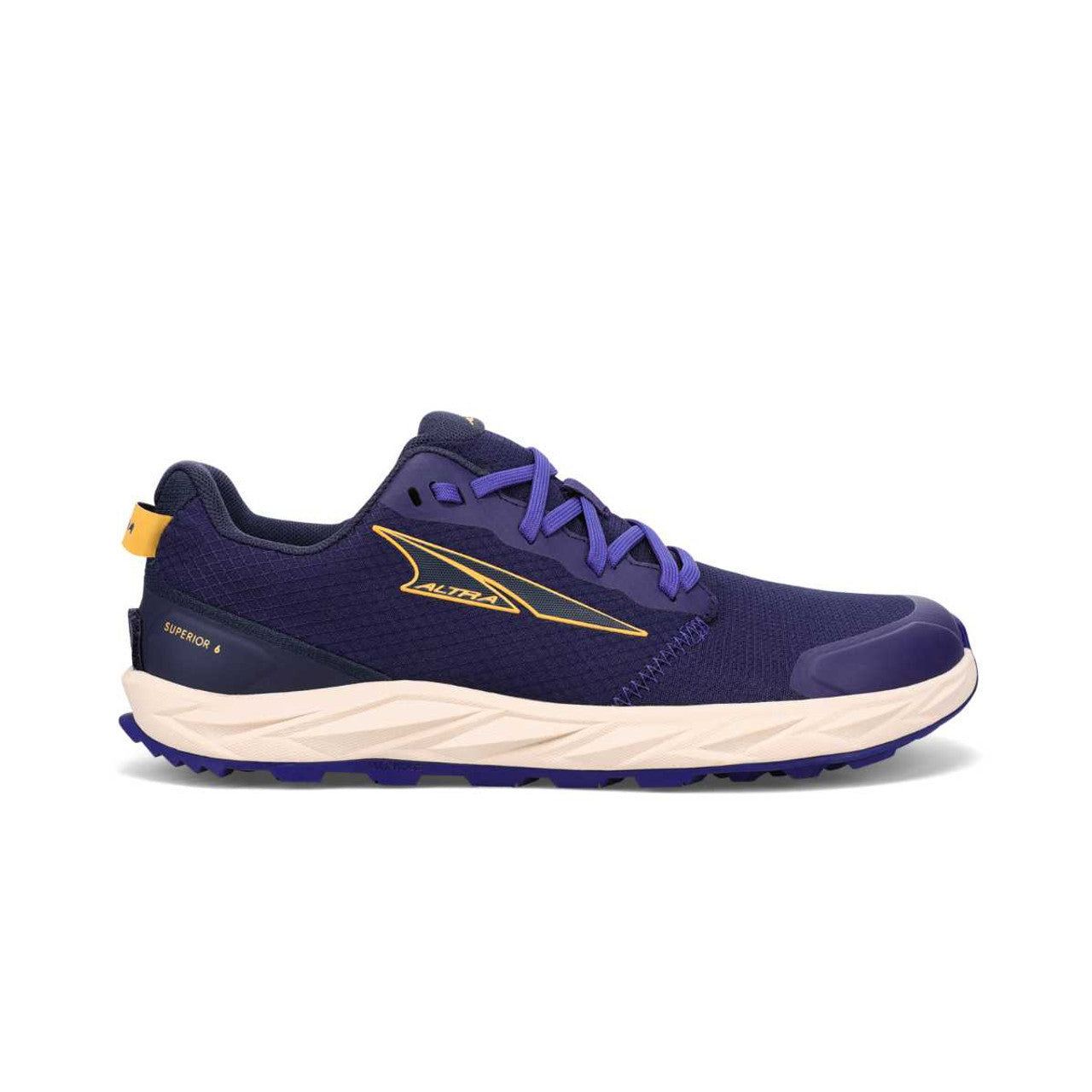 Side view on white background of Womens Altra Superior 6 running shoe in Dark Purple, Medium (Regular) width