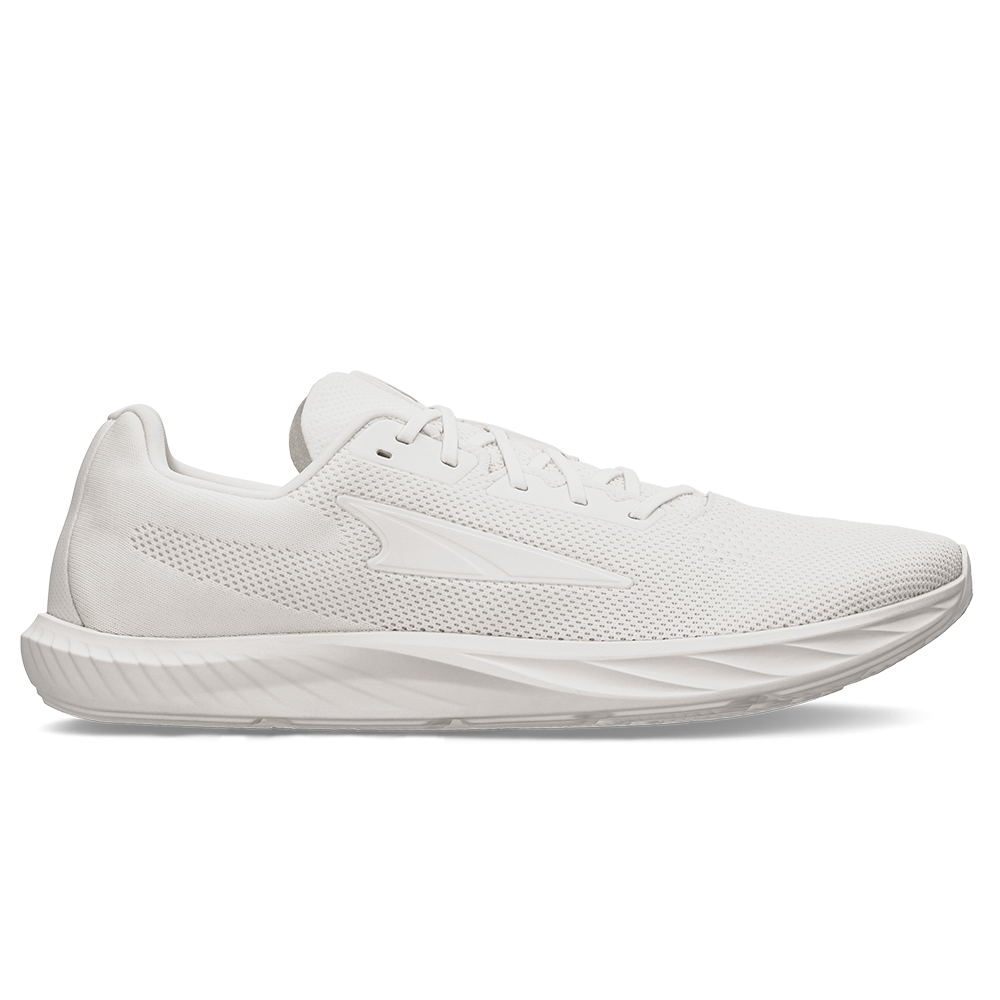 Side view on white background of Mens Altra Escalante running shoe in White, Medium (Regular) width