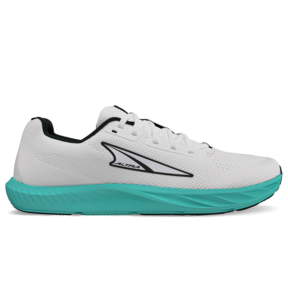 Side view on white background of Womens Altra Escalante running shoe in White/Green, Medium (Regular) width