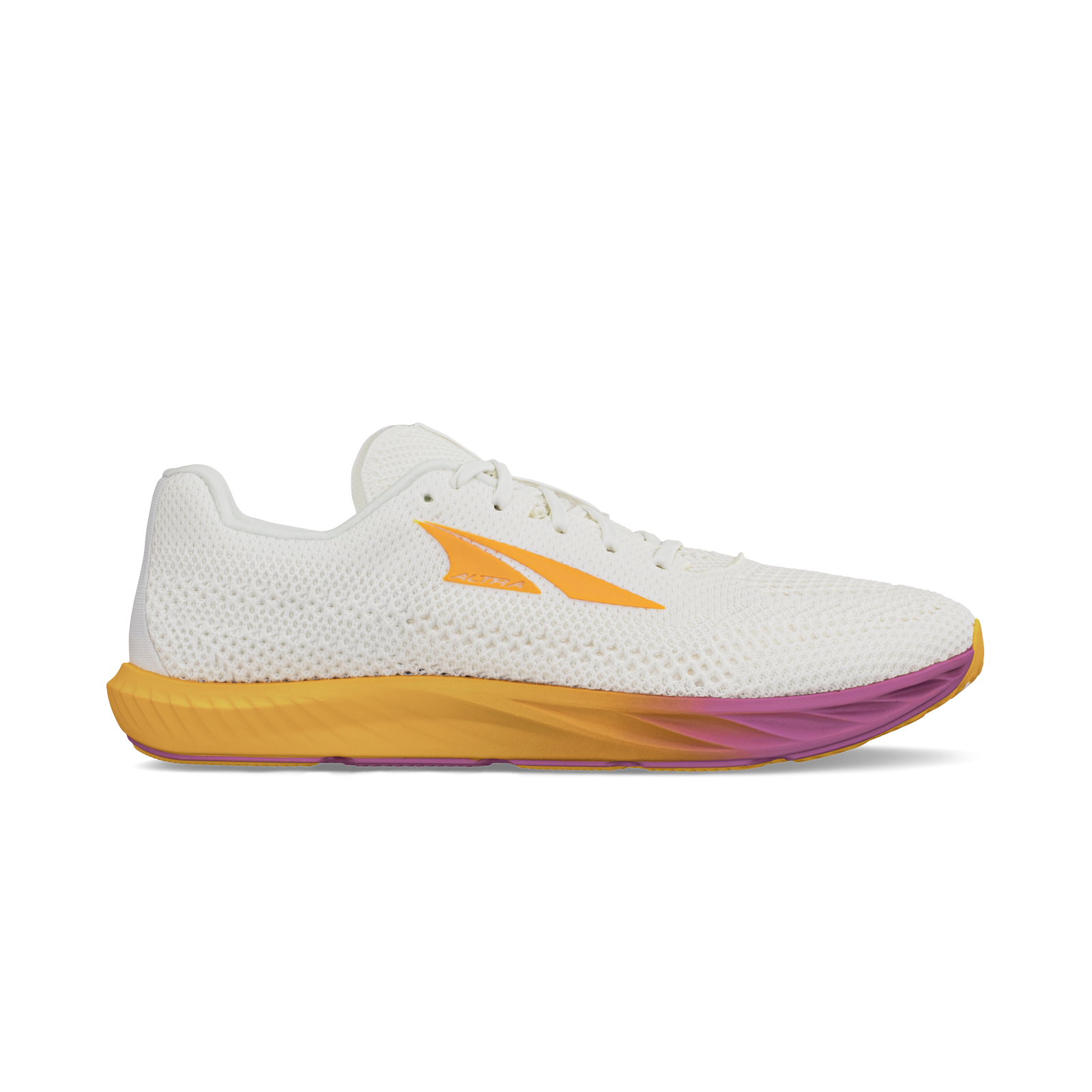 Side view on white background of Womens Altra Escalante Racer 2 running shoe in White/Orange, Medium (Regular) width