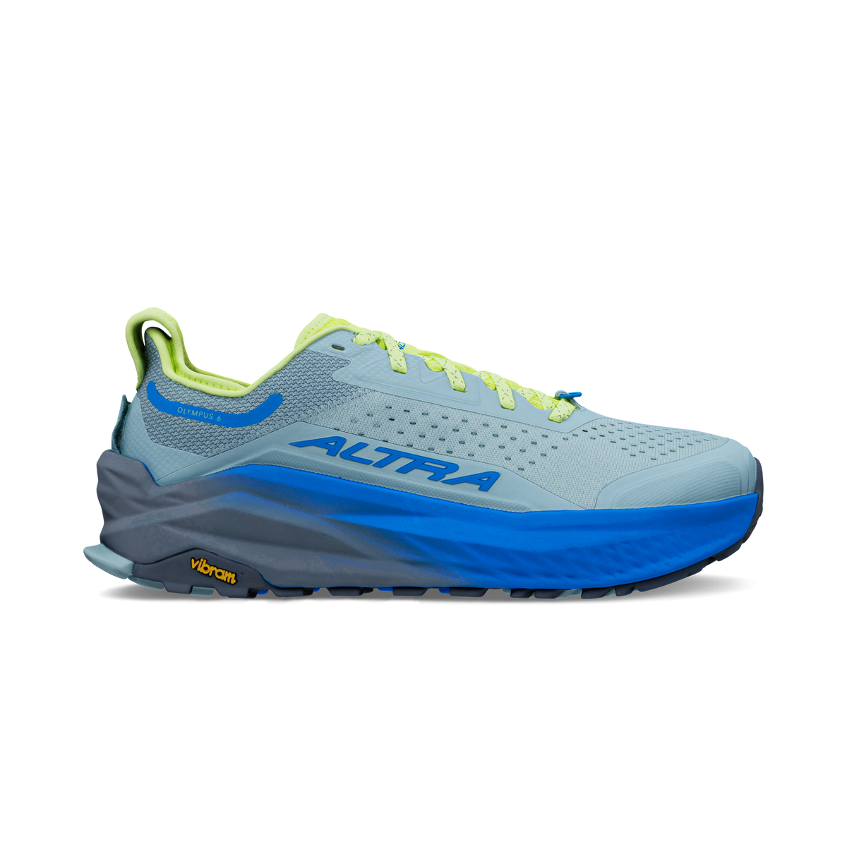 Side view on white background of Mens Altra Olympus 6 running shoe in Gray/Blue, Medium (Regular) width