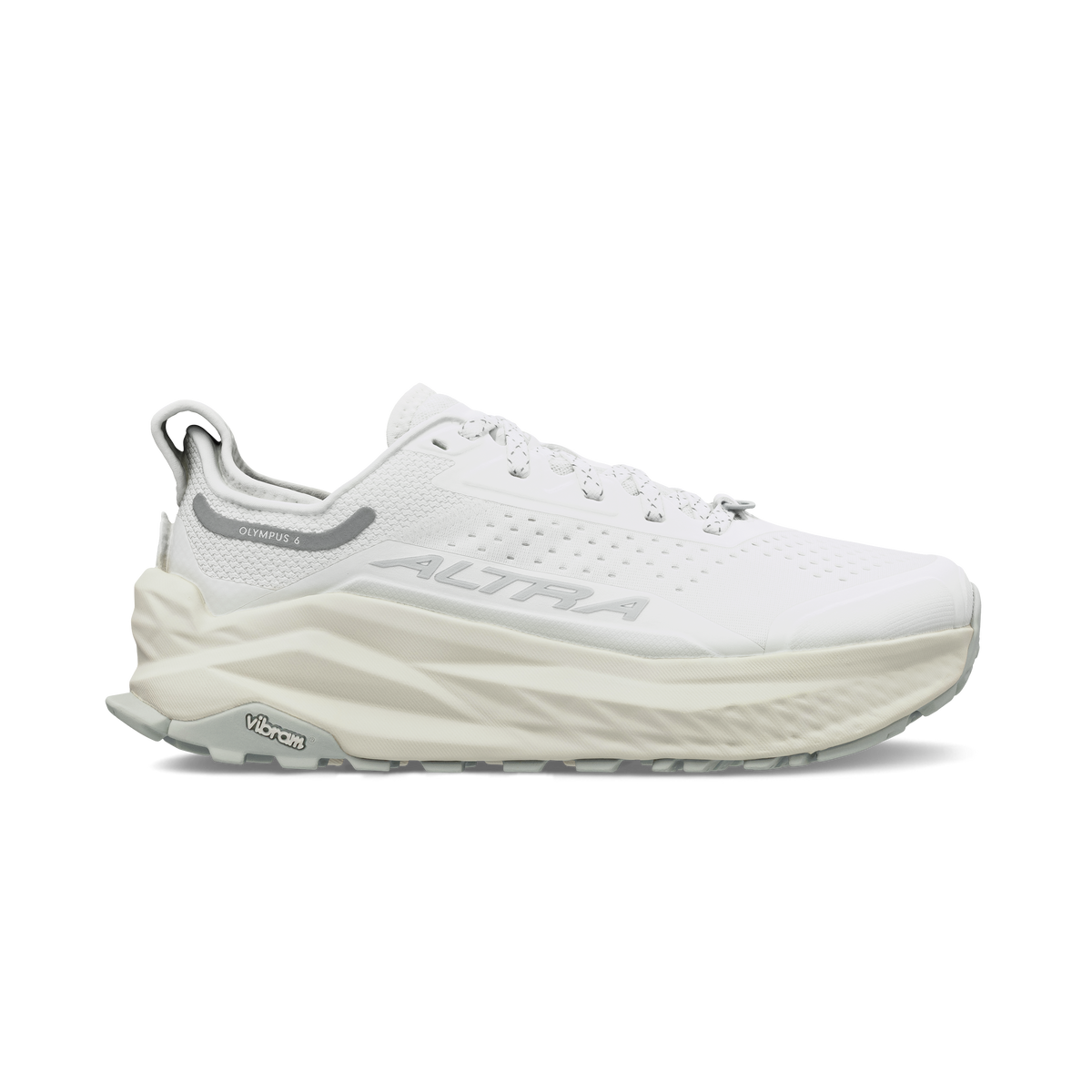 Side view on white background of Womens Altra Olympus 6 running shoe in White/White, Medium (Regular) width