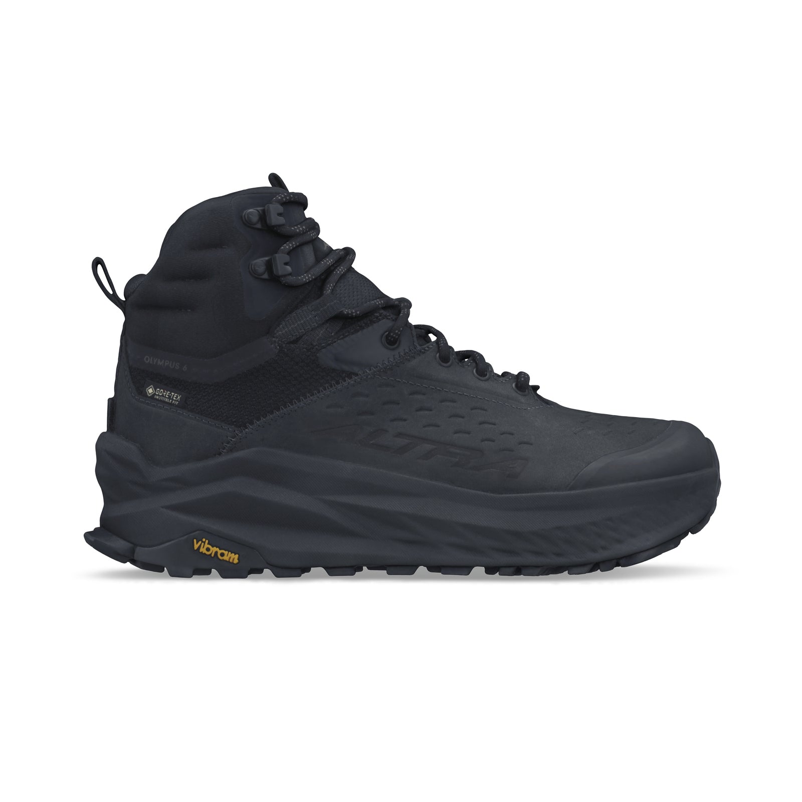 Side view on white background of Womens Altra Olympus 6 Hike Mid GTX running shoe in Black, Medium (Regular) width