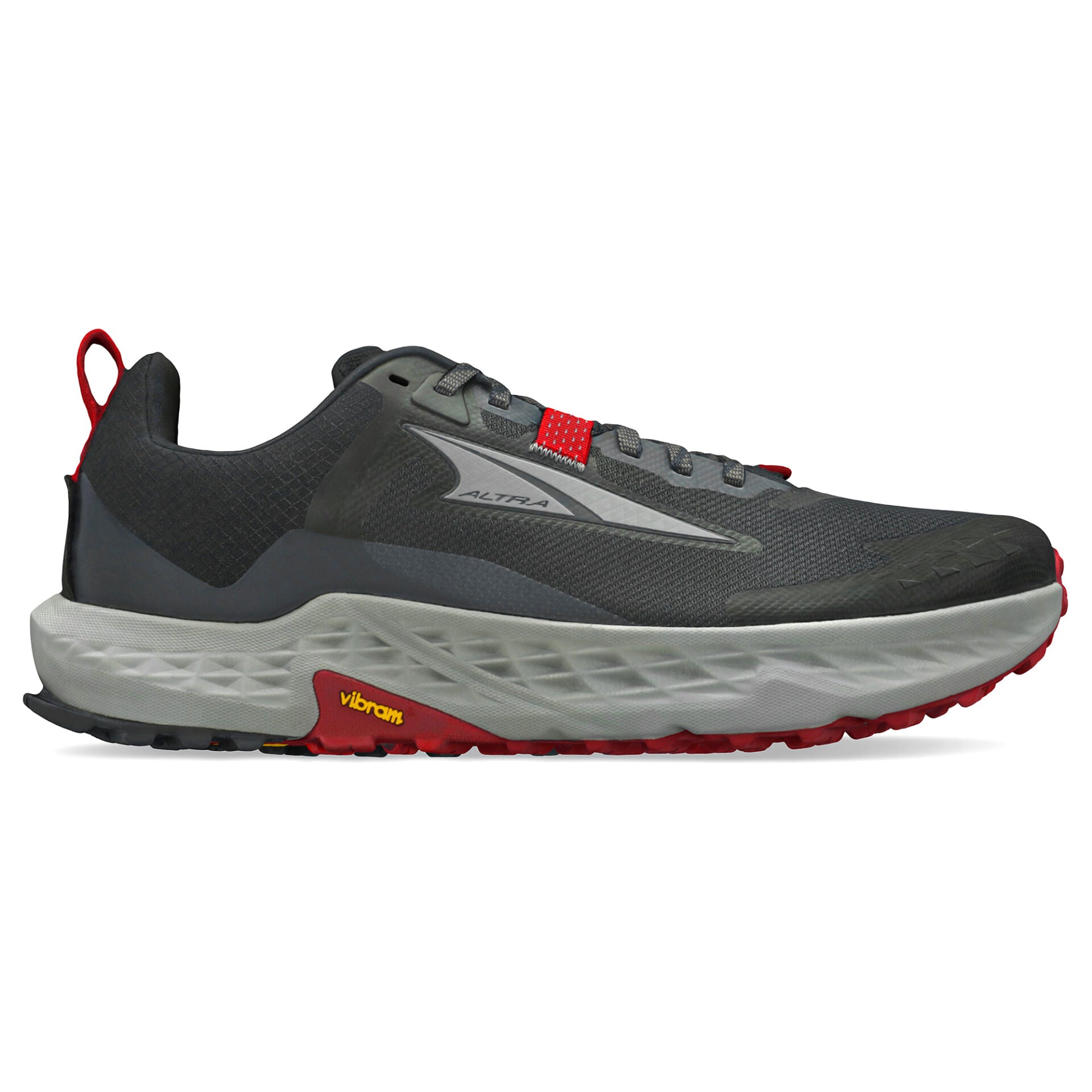 Side view on white background of Mens Altra Timp 5 running shoe in Black, Medium (Regular) width