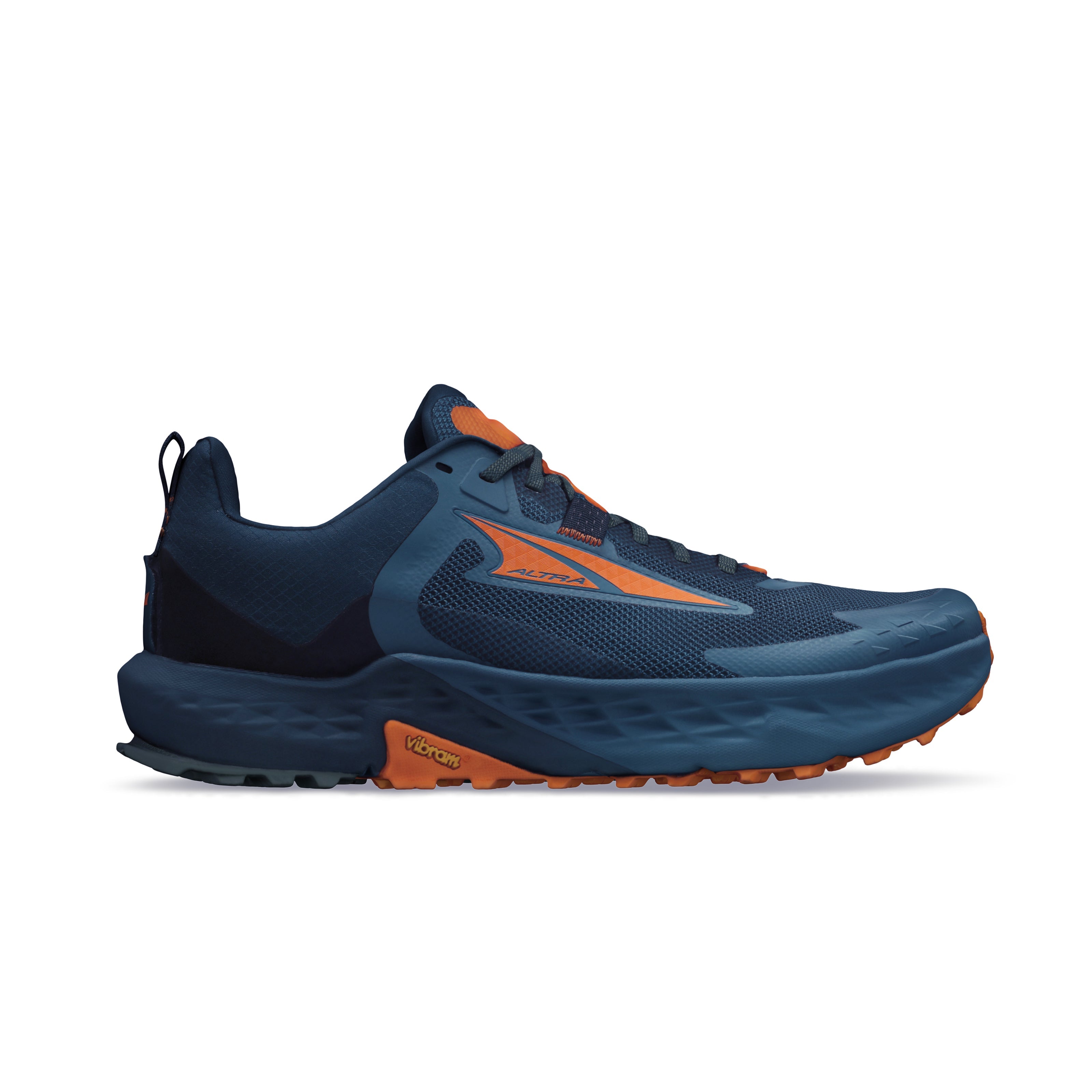 Side view on white background of Mens Altra Timp 5 running shoe in Blue/Orange, Medium (Regular) width