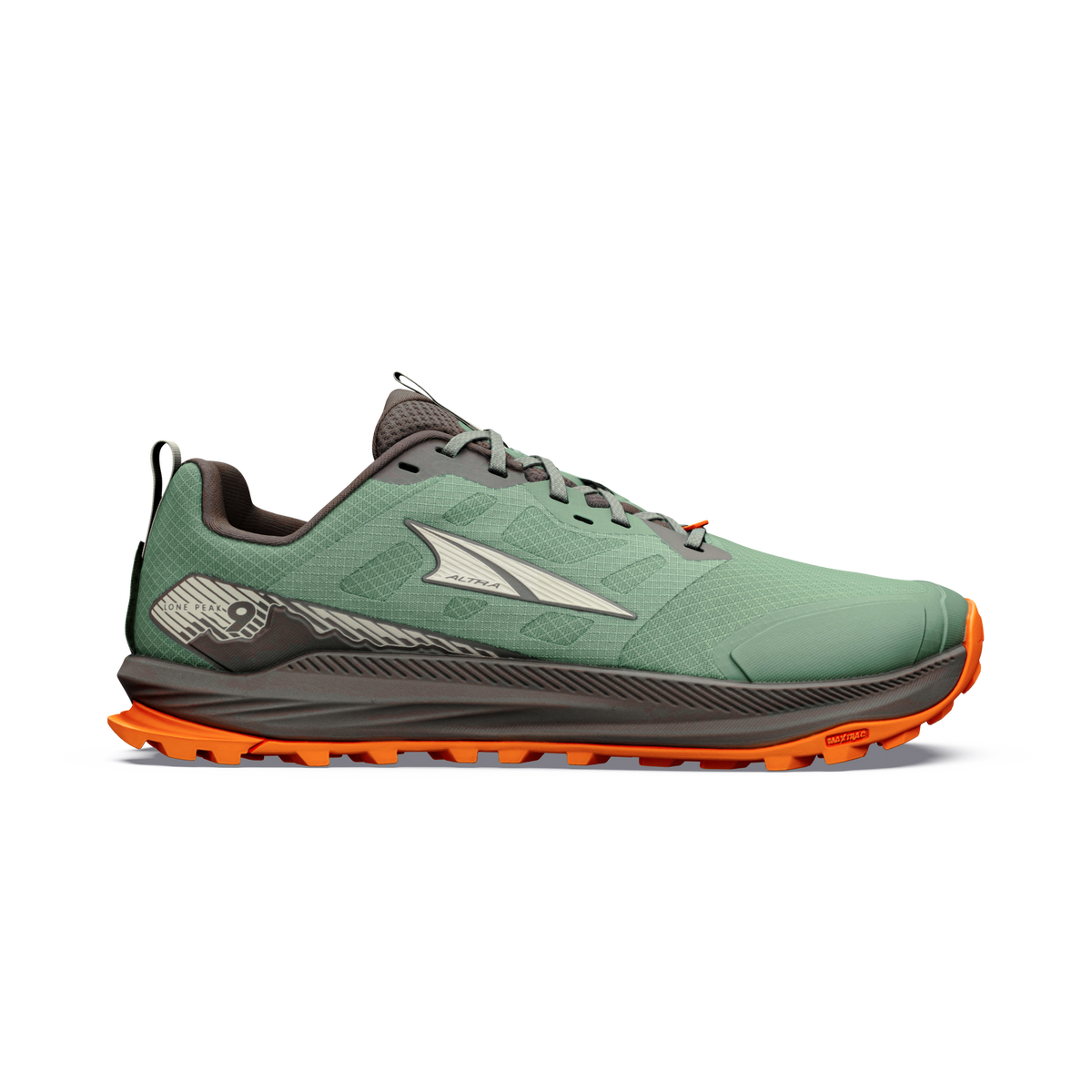 Side view on white background of Mens Altra Lone Peak 9 running shoe in Sea Spray/Oyster Grey, Wide width