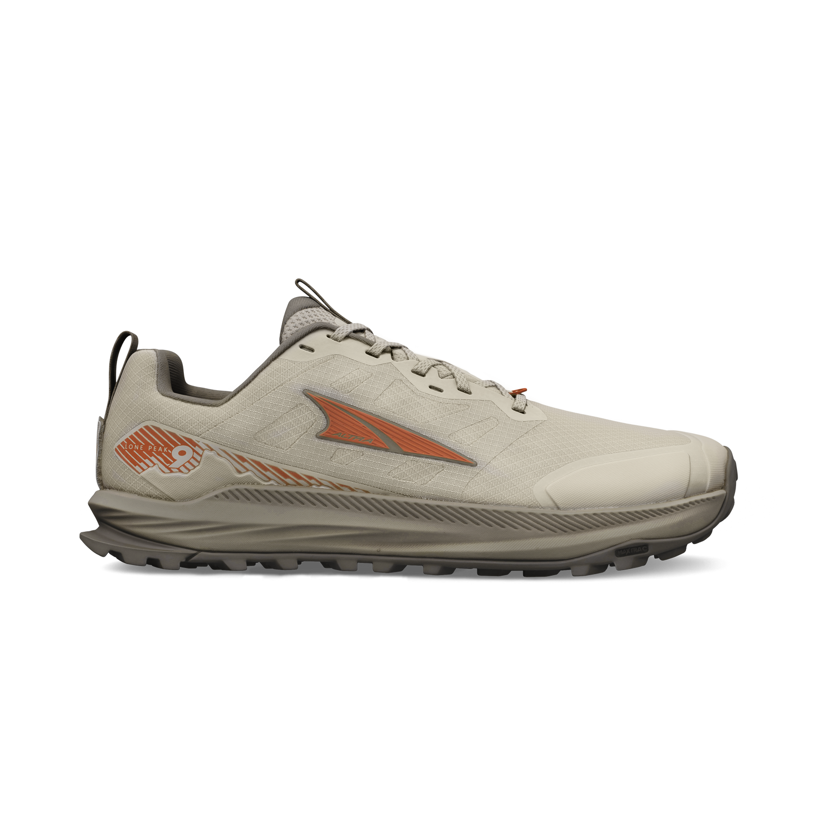 Side view on white background of Mens Altra Lone Peak 9 running shoe in Tan, Wide width