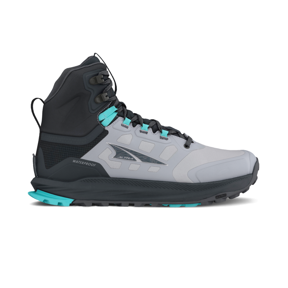 Side view on white background of Womens Altra Lone Peak 9 Waterproof Mid running shoe in Black/Gray, Medium (Regular) width