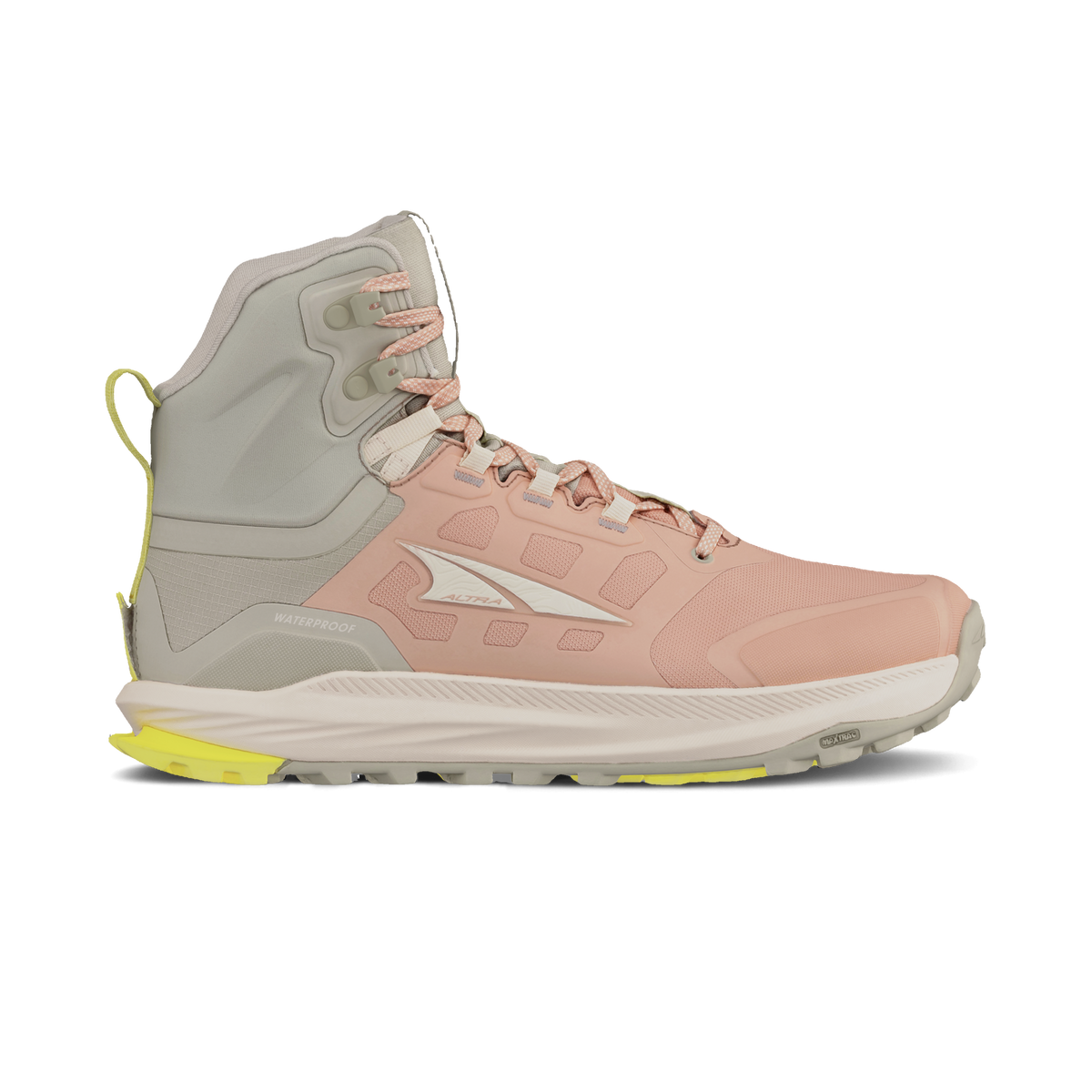 Side view on white background of Womens Altra Lone Peak 9 Waterproof Mid running shoe in Tan, Medium (Regular) width