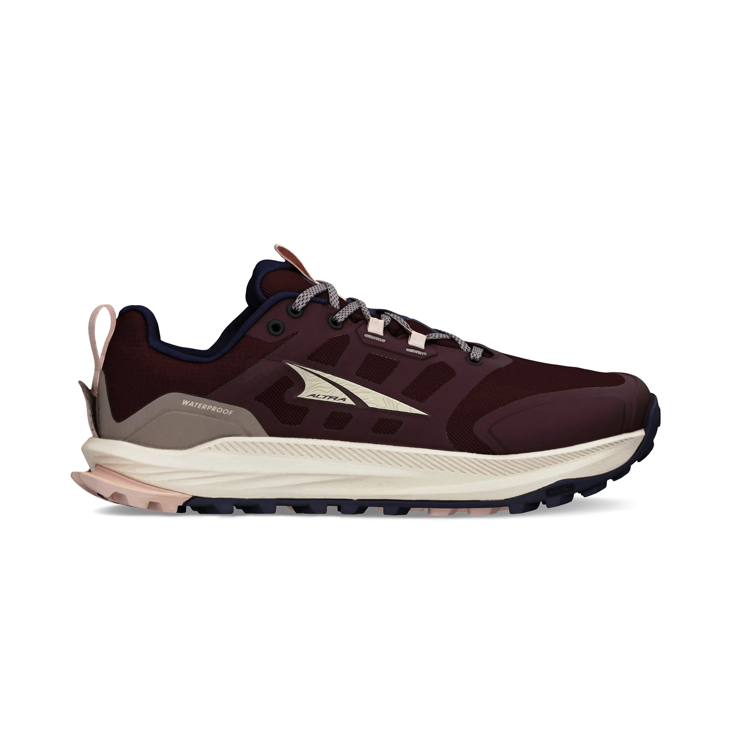 Side view on white background of Womens Altra Lone Peak 9 running shoe in Maroon, Medium (Regular) width