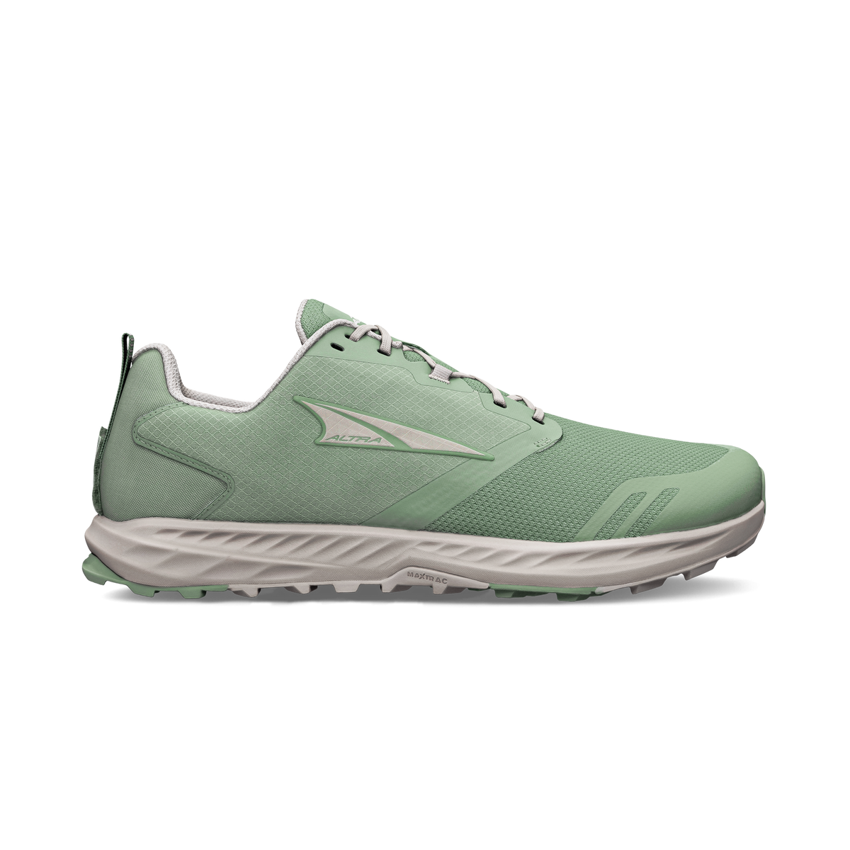 Side view on white background of Mens Altra Superior 7 running shoe in Dusty Olive, Medium (Regular) width