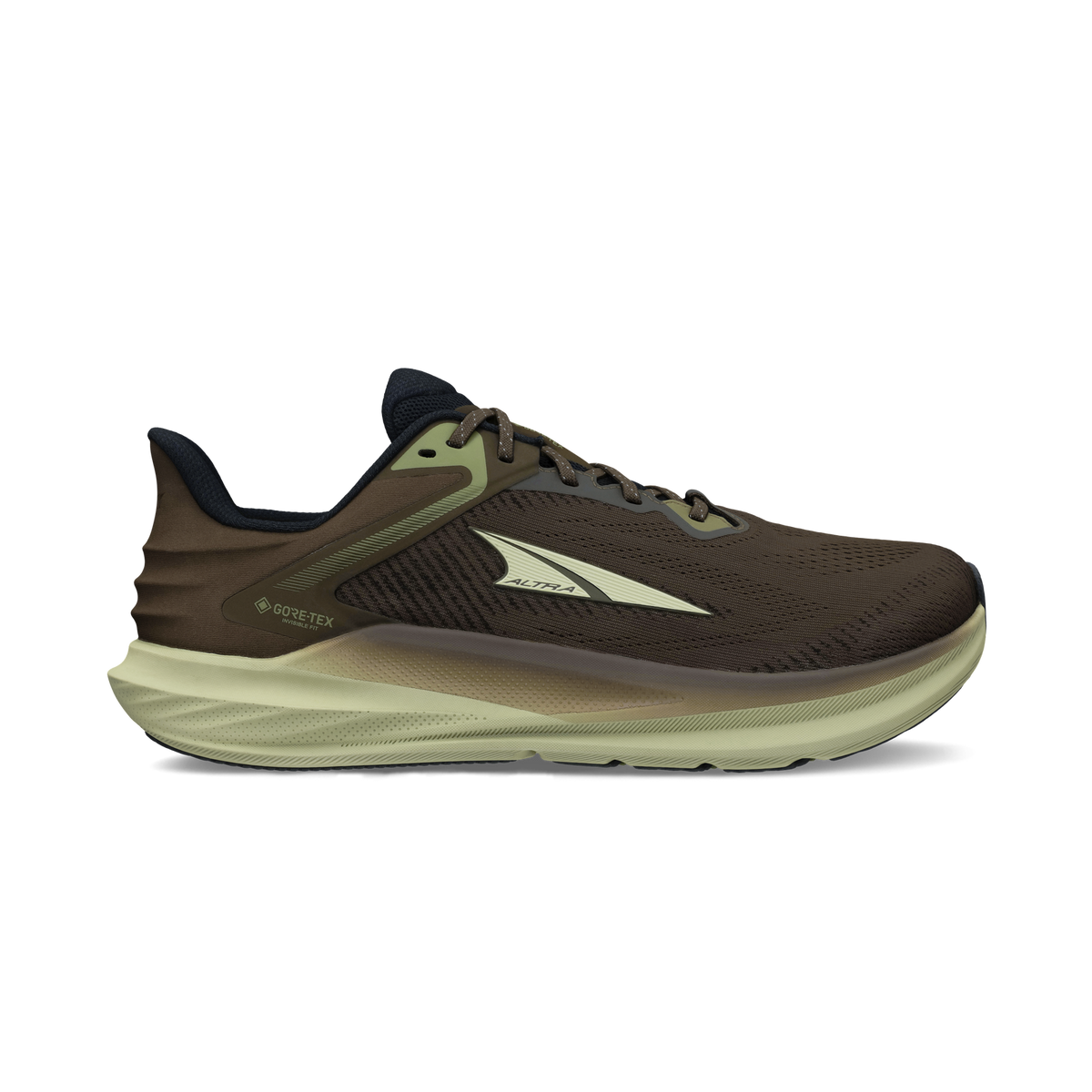 Side view on white background of Mens Altra Torin 8 GTX running shoe in Brown, Medium (Regular) width