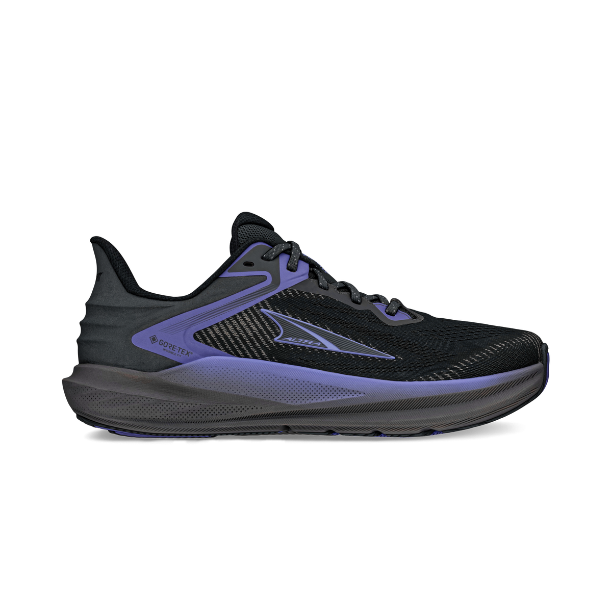 Side view on white background of Womens Altra Torin 8 GTX running shoe in Gray/Purple, Medium (Regular) width